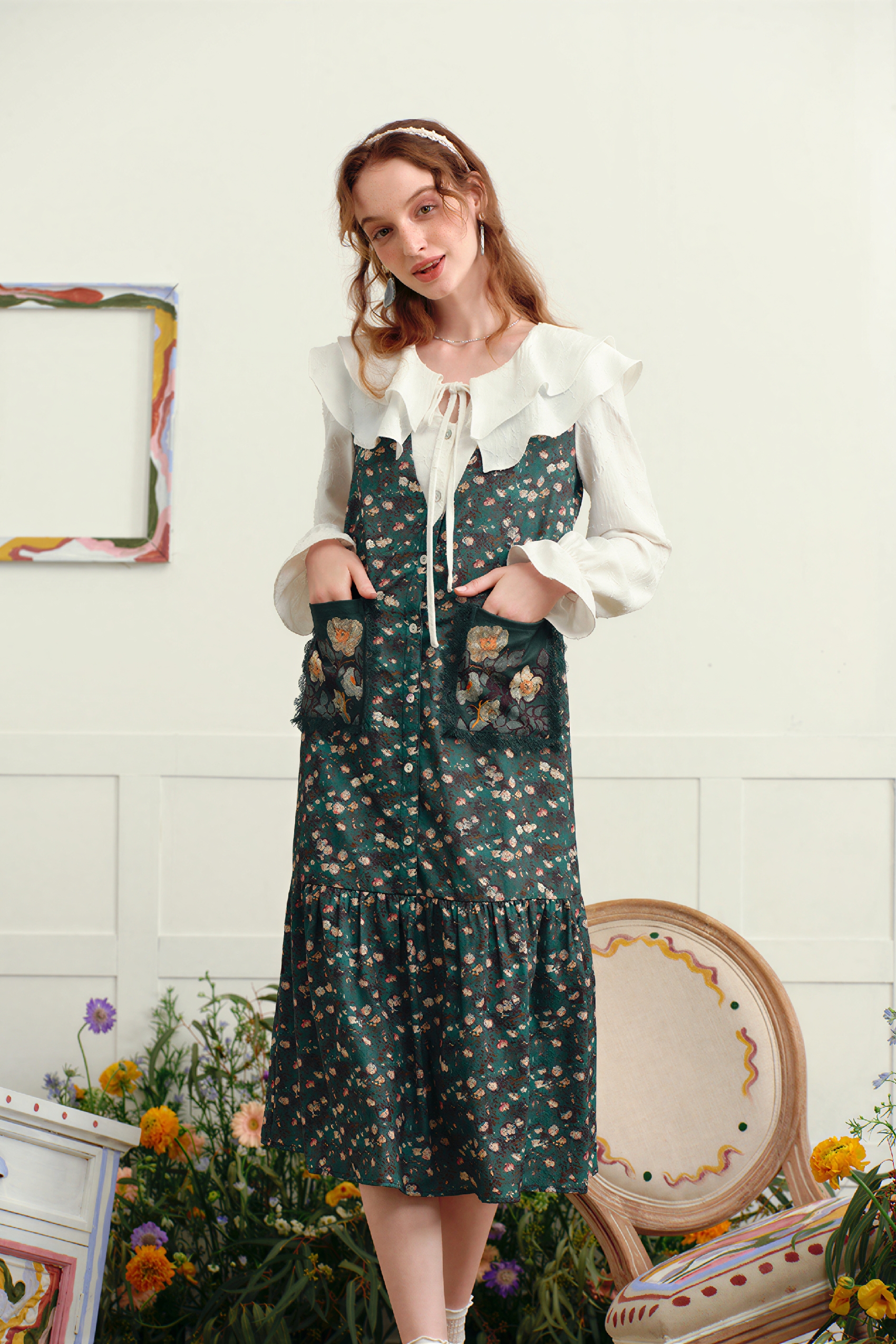 Van Gogh�CInspired Floral Patchwork Double-Collar Layered Dress