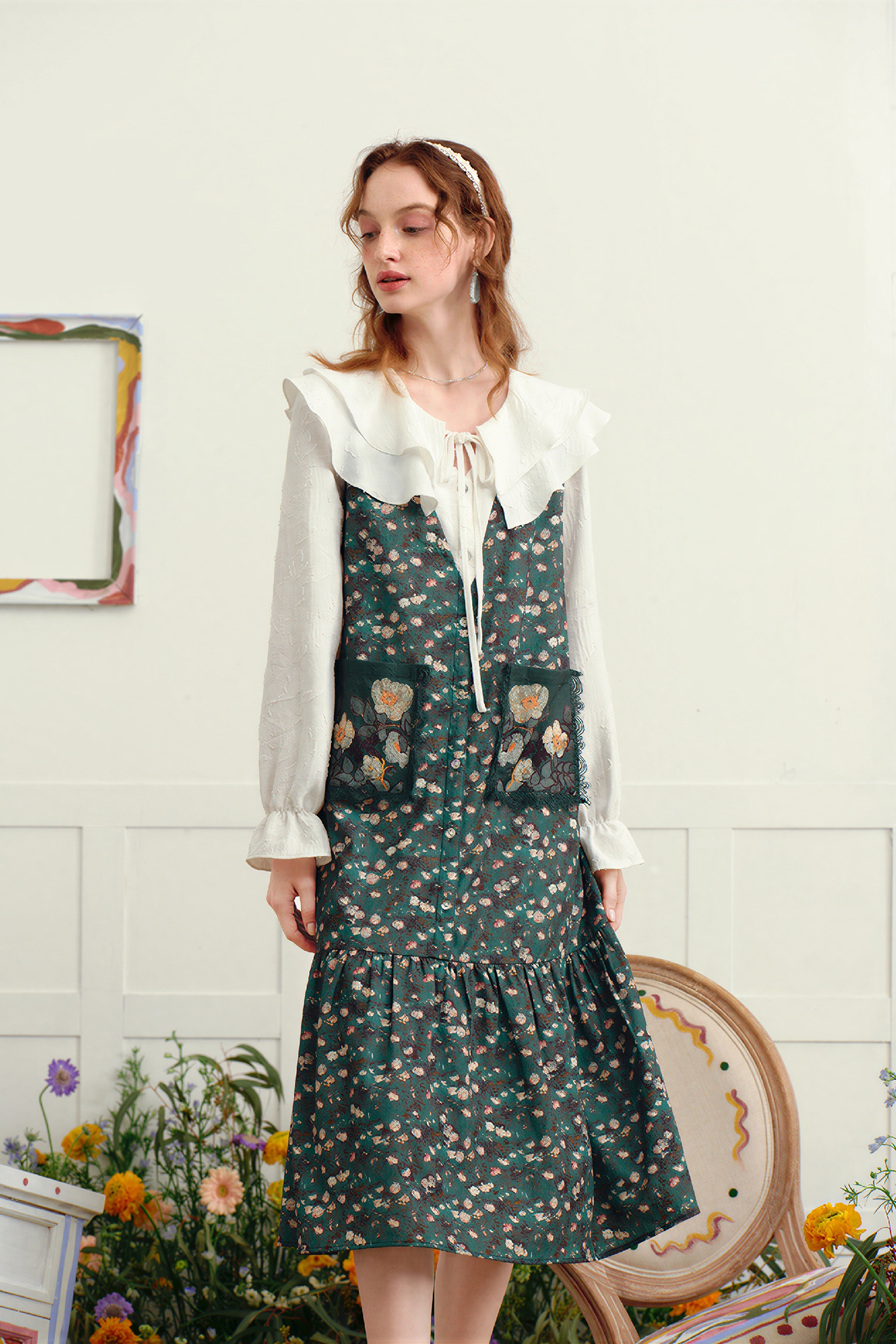 Van Gogh�CInspired Floral Patchwork Double-Collar Layered Dress