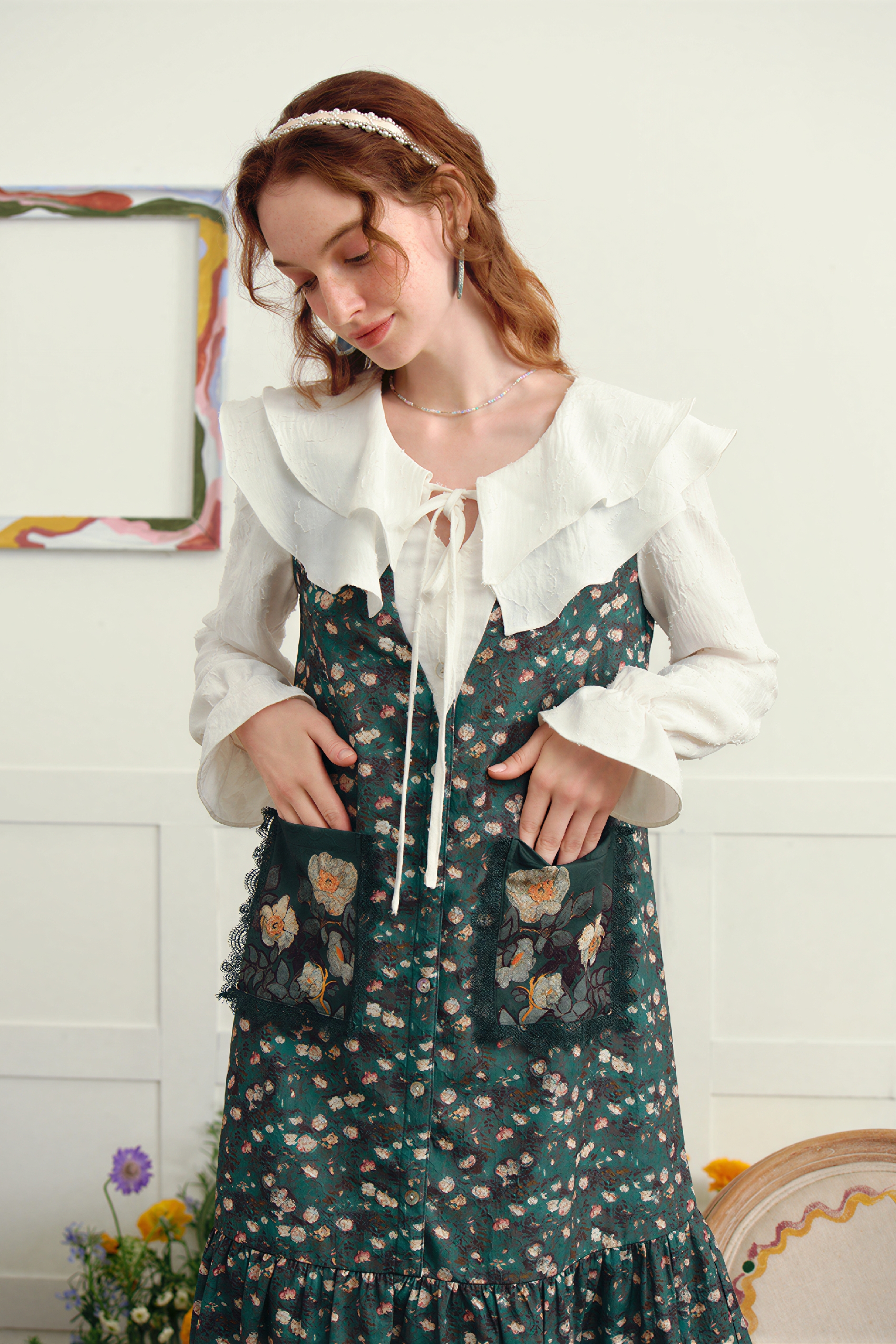 Van Gogh�CInspired Floral Patchwork Double-Collar Layered Dress