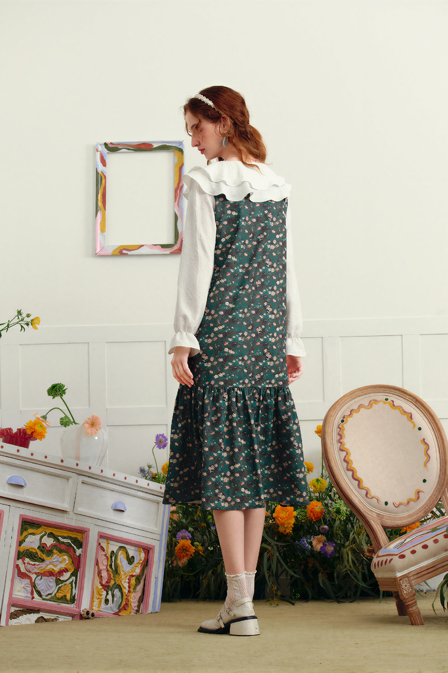 Van Gogh�CInspired Floral Patchwork Double-Collar Layered Dress