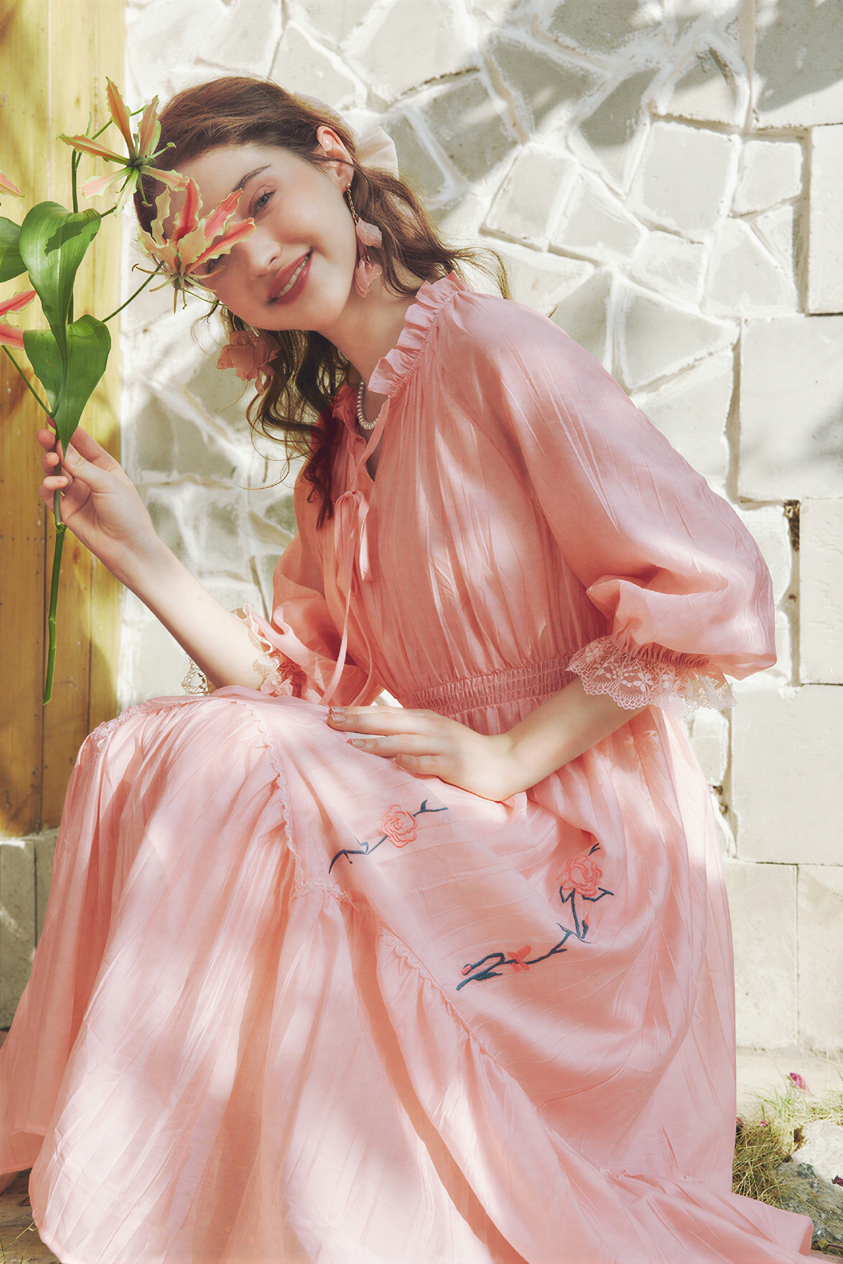 Van Gogh-Inspired French Lace Patchwork Puff-Sleeve Dress