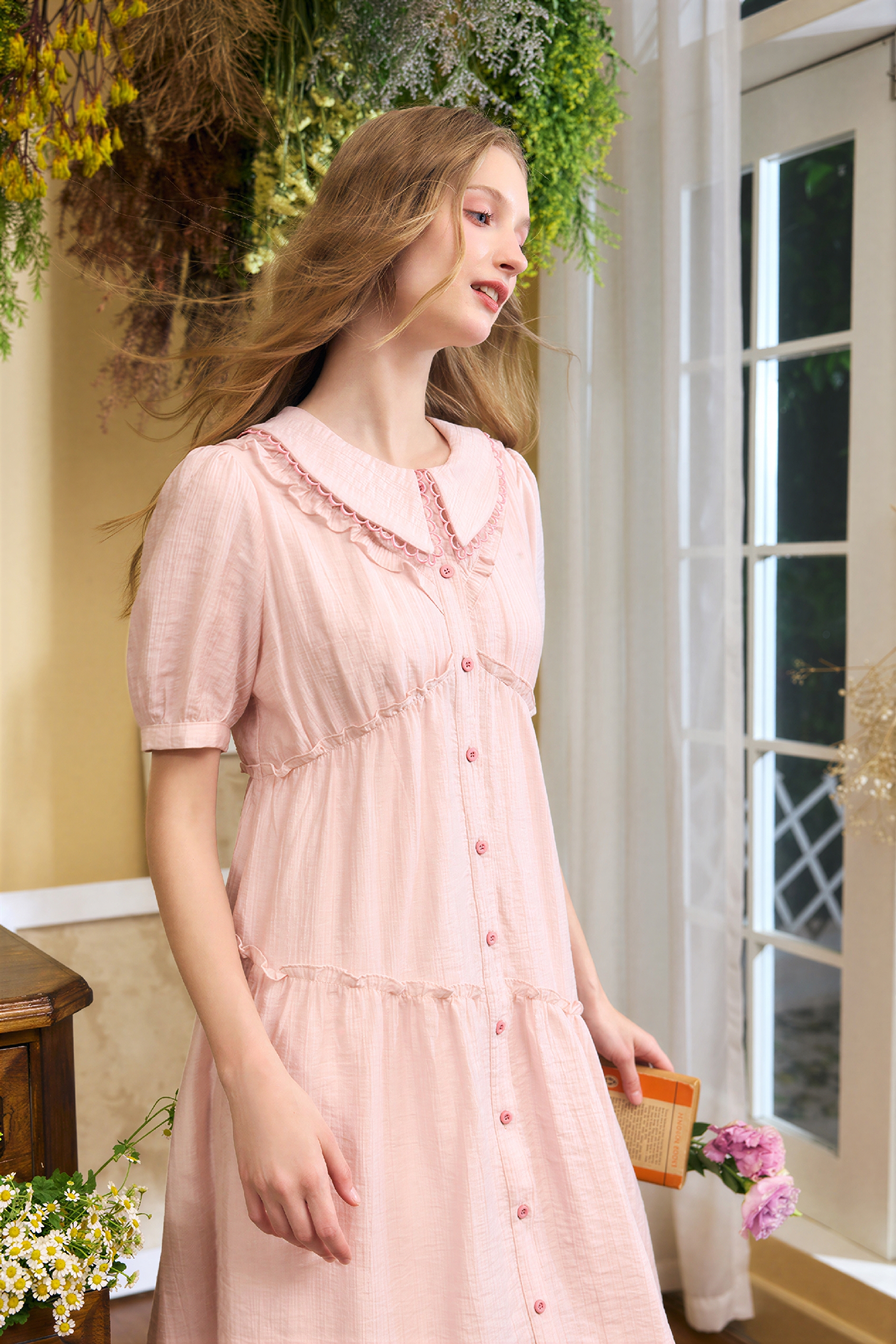 Blue Relaxed Ruffle-Trim Dress