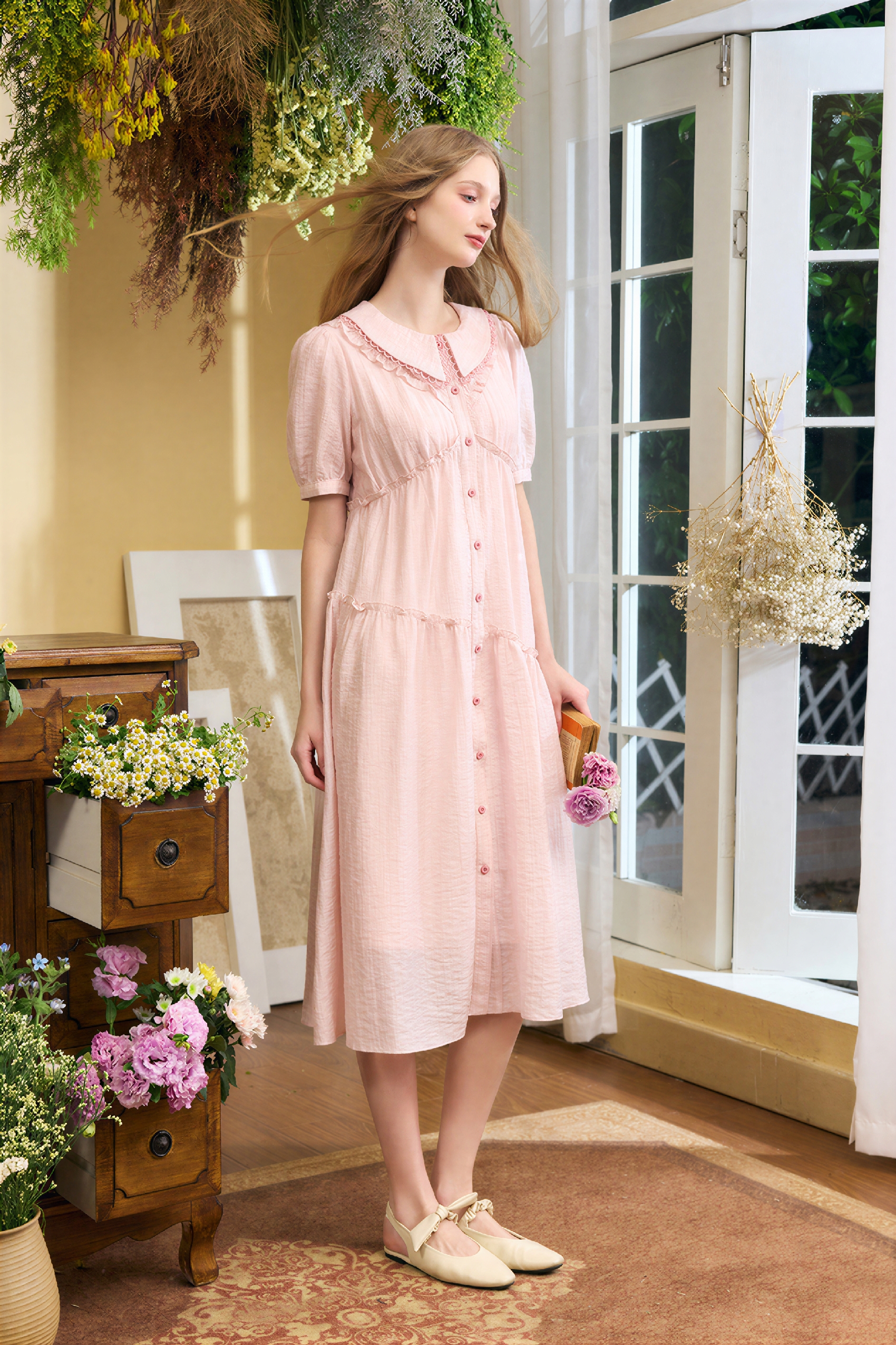 Blue Relaxed Ruffle-Trim Dress