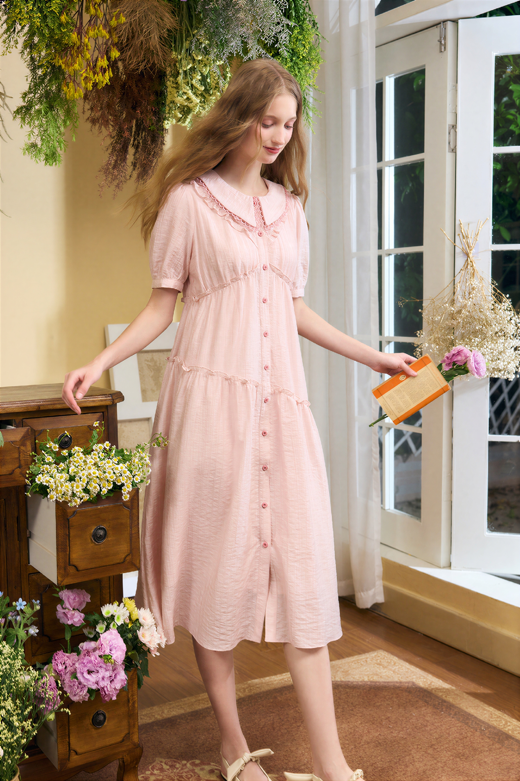 Blue Relaxed Ruffle-Trim Dress