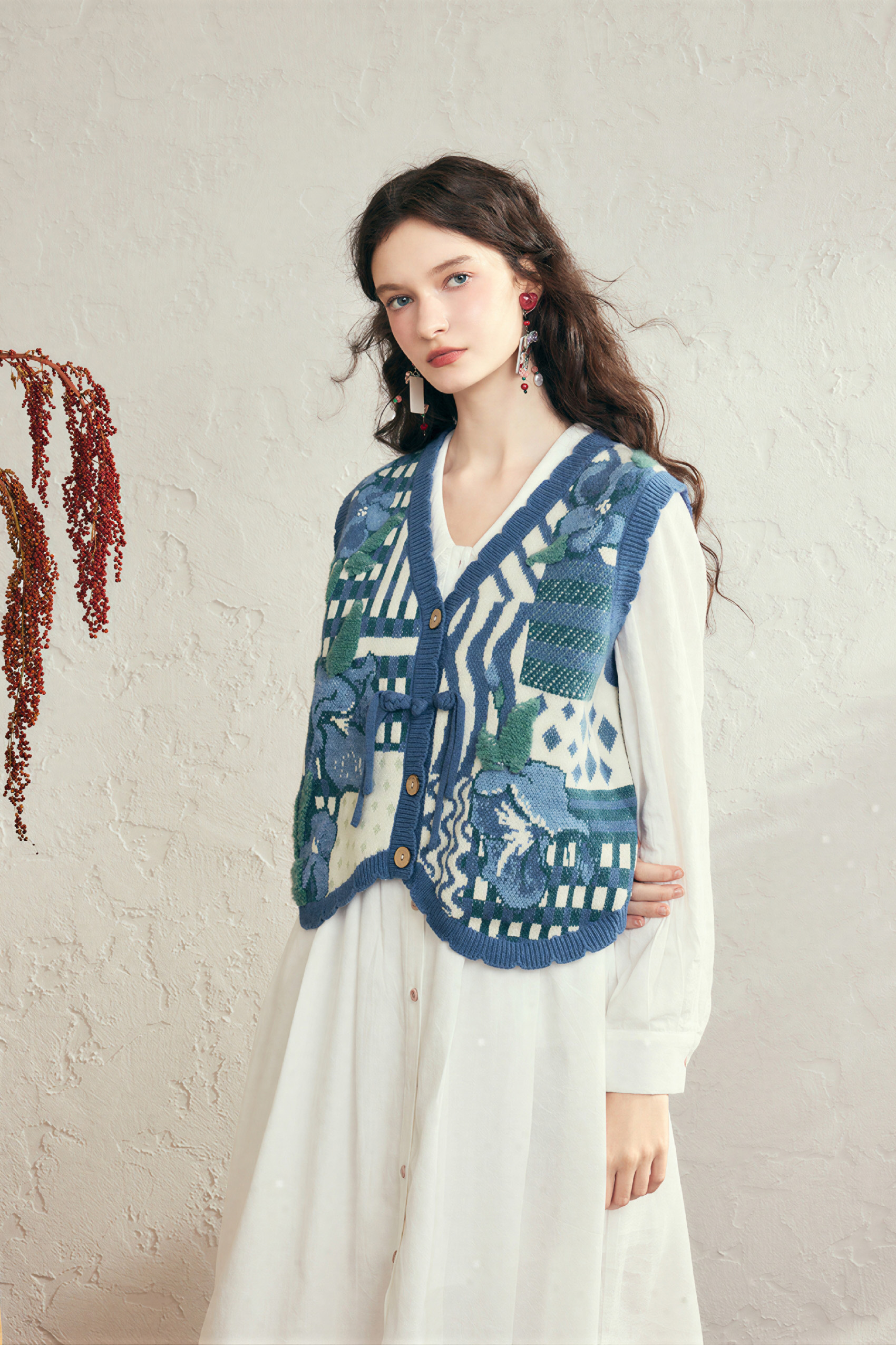 Van Gogh-Inspired V-Neck Chinese-Style Knit Vest