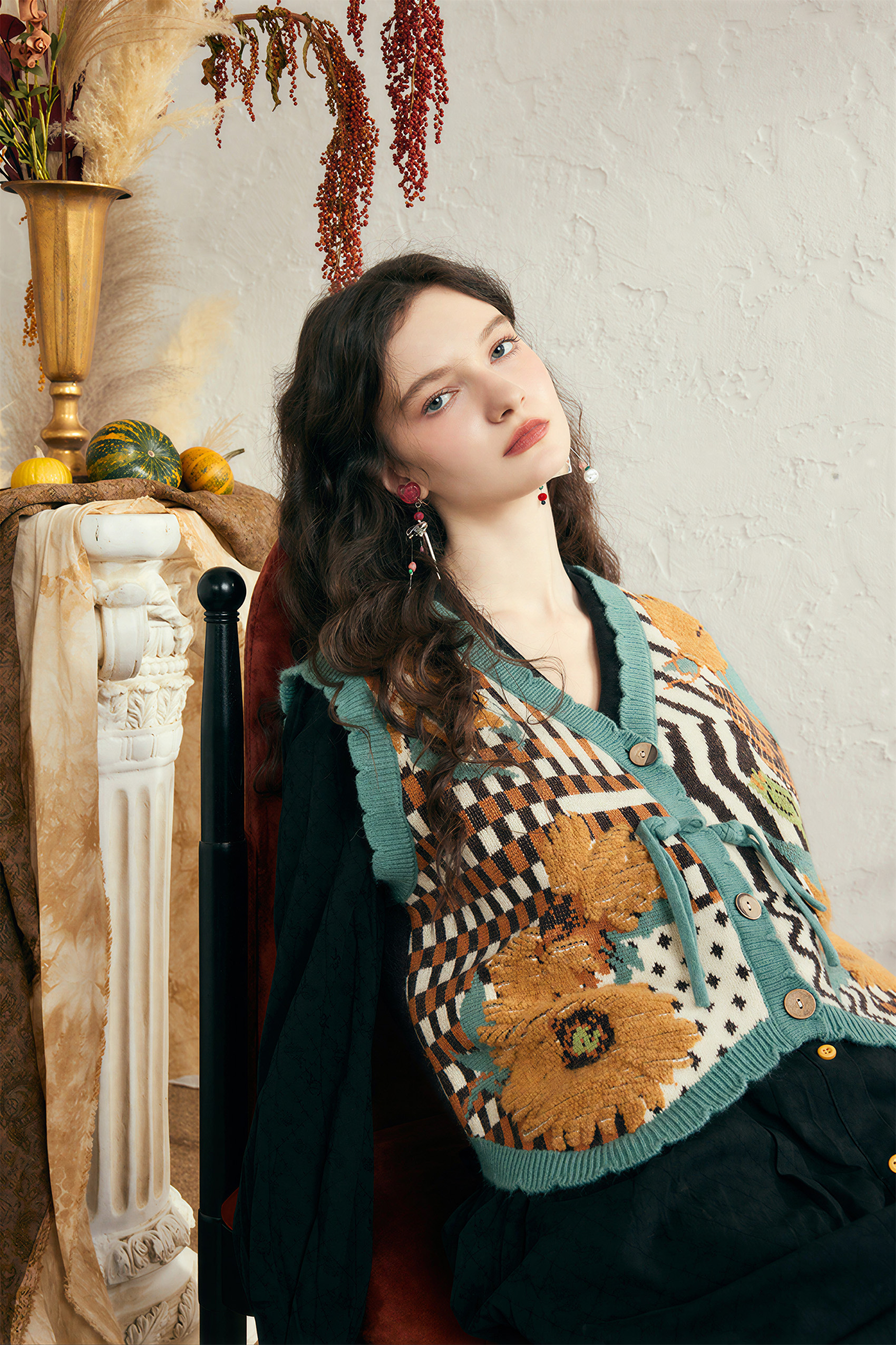 Van Gogh-Inspired V-Neck Chinese-Style Knit Vest