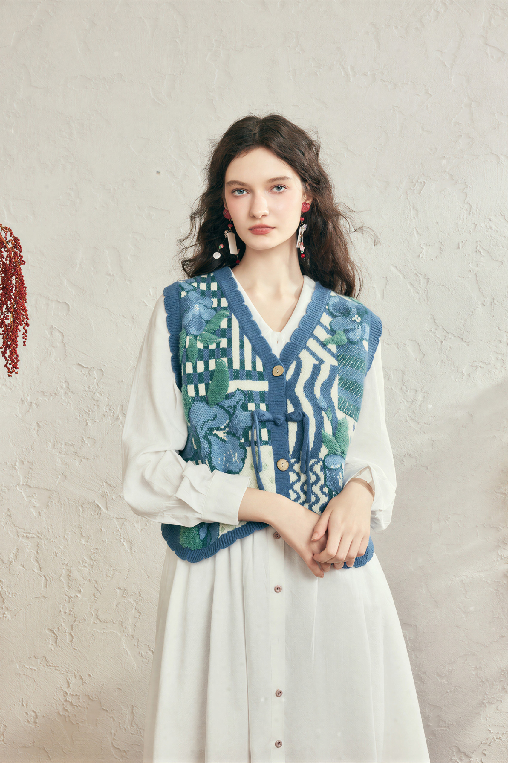 Van Gogh-Inspired V-Neck Chinese-Style Knit Vest
