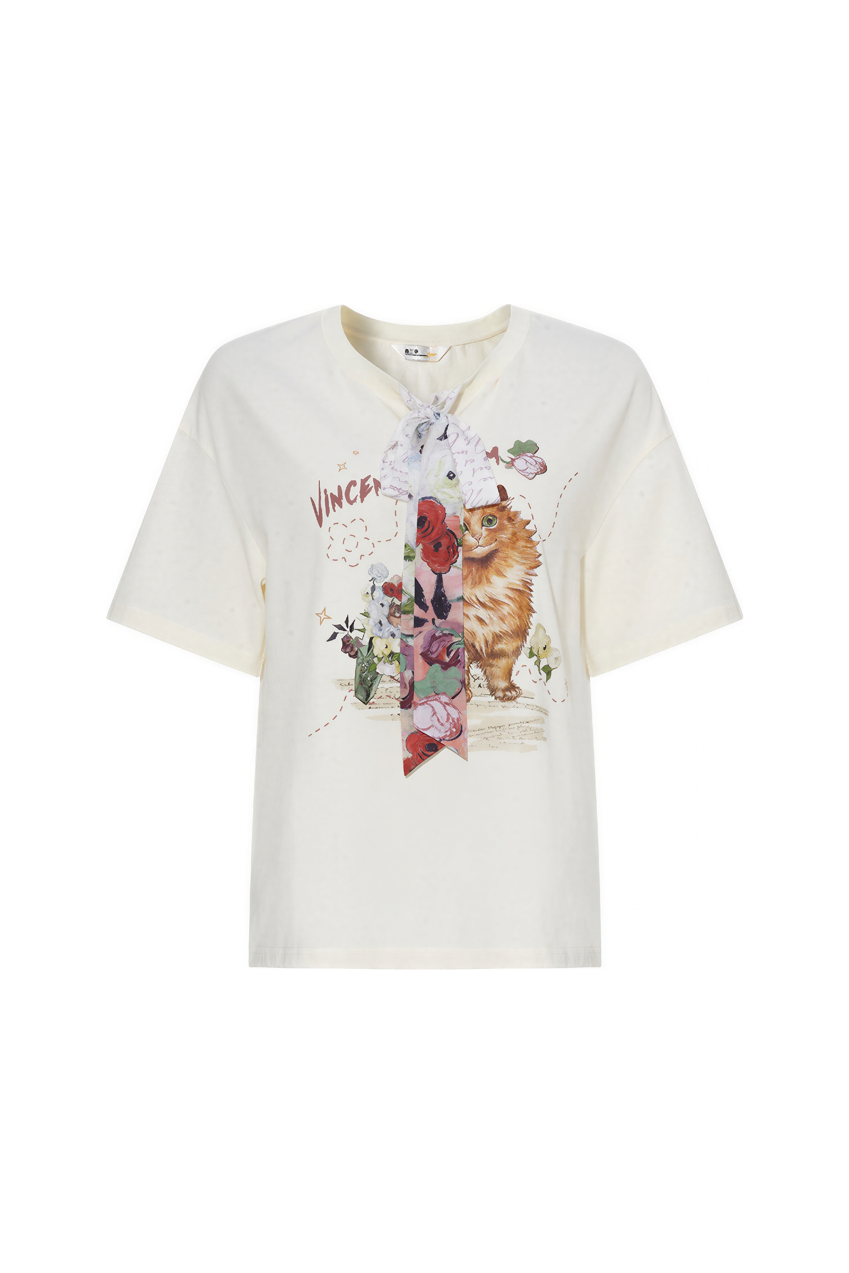 Van Gogh-Inspired Cute Cat Print Tie-Detail T-Shirt