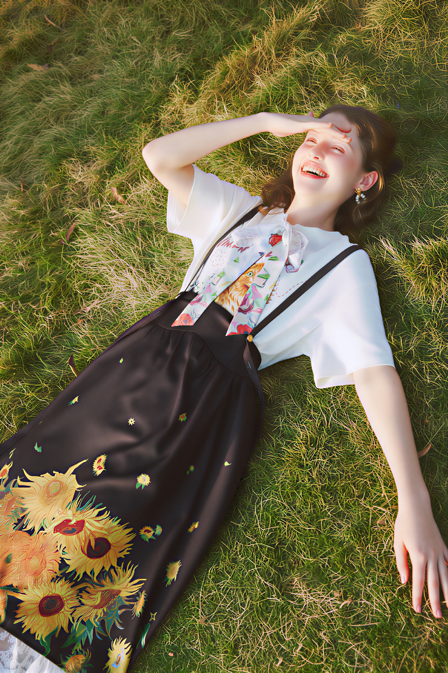 Van Gogh-Inspired Cute Cat Print Tie-Detail T-Shirt