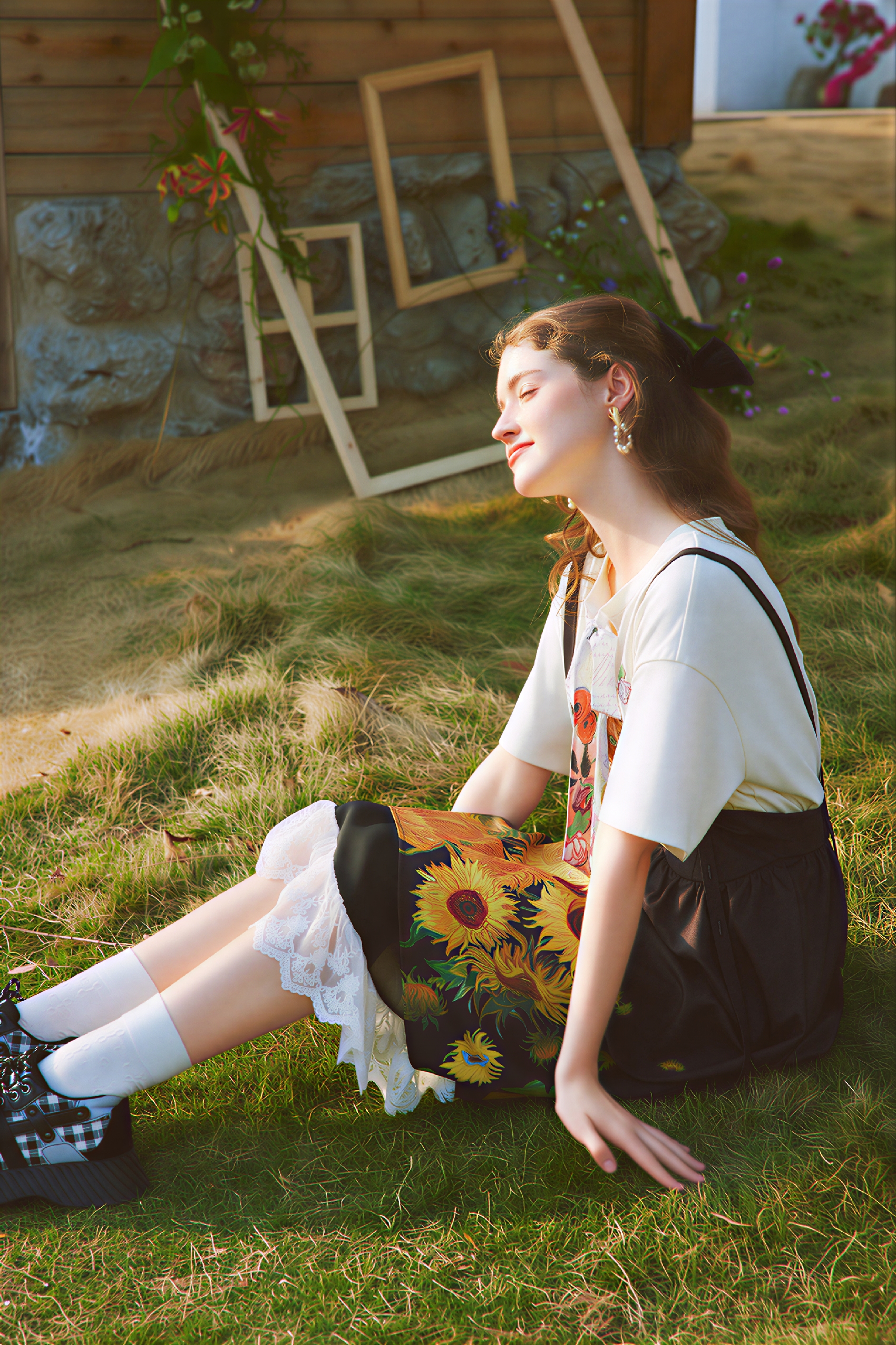 Van Gogh-Inspired Cute Cat Print Tie-Detail T-Shirt