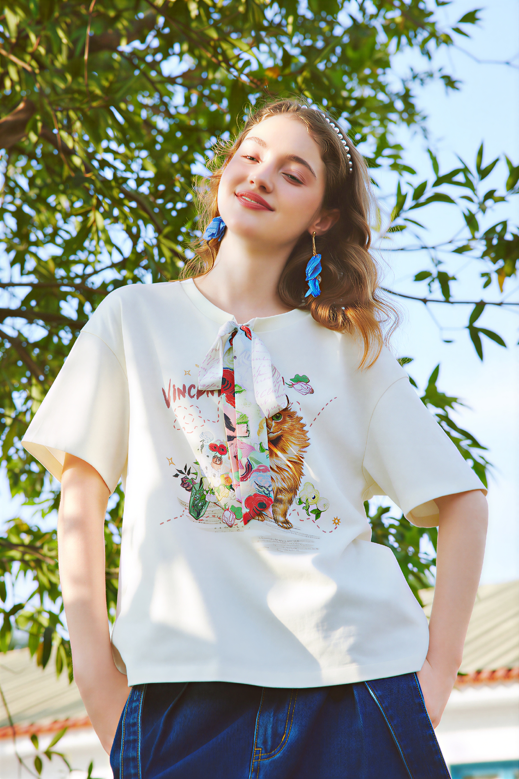 Van Gogh-Inspired Cute Cat Print Tie-Detail T-Shirt