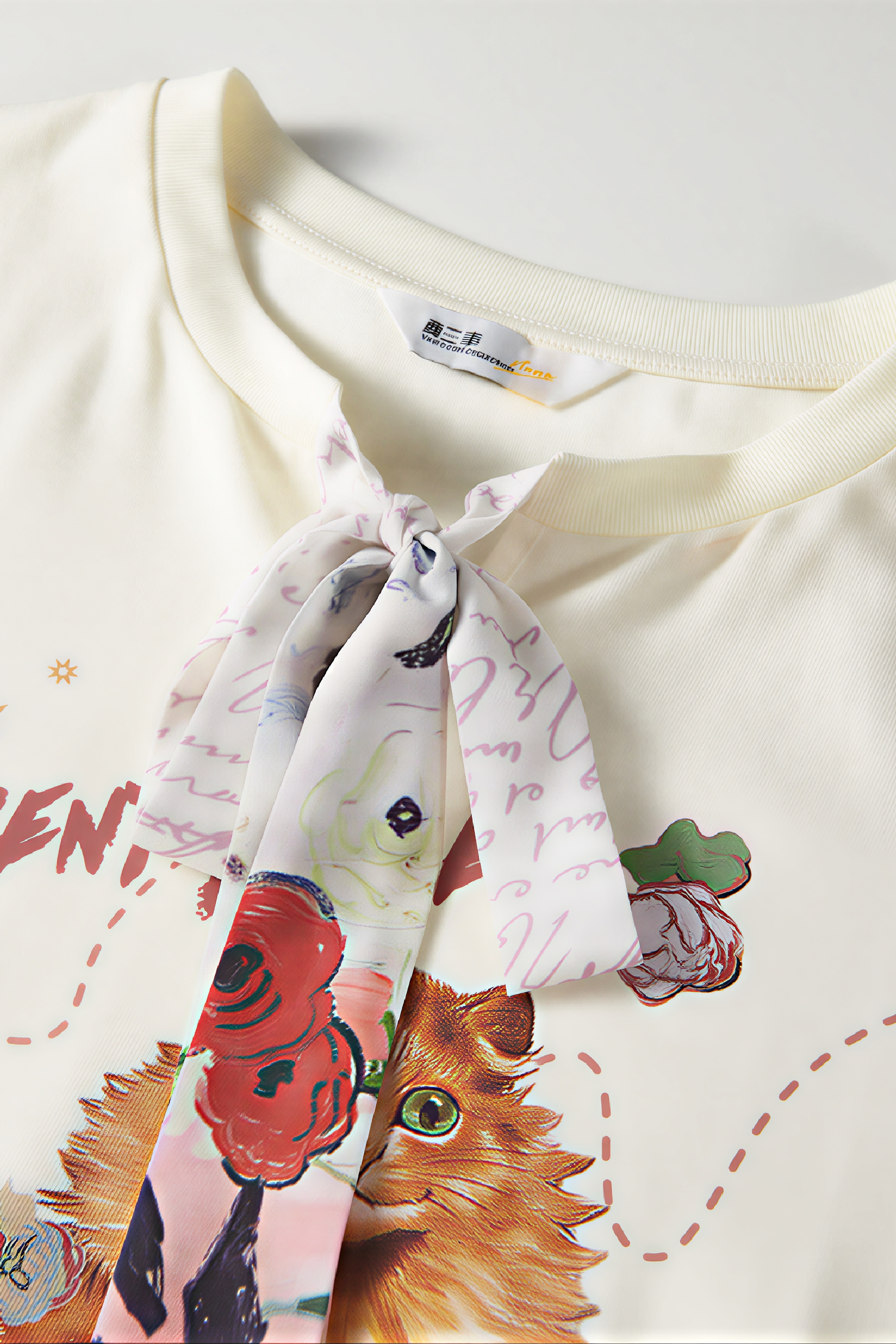Van Gogh-Inspired Cute Cat Print Tie-Detail T-Shirt