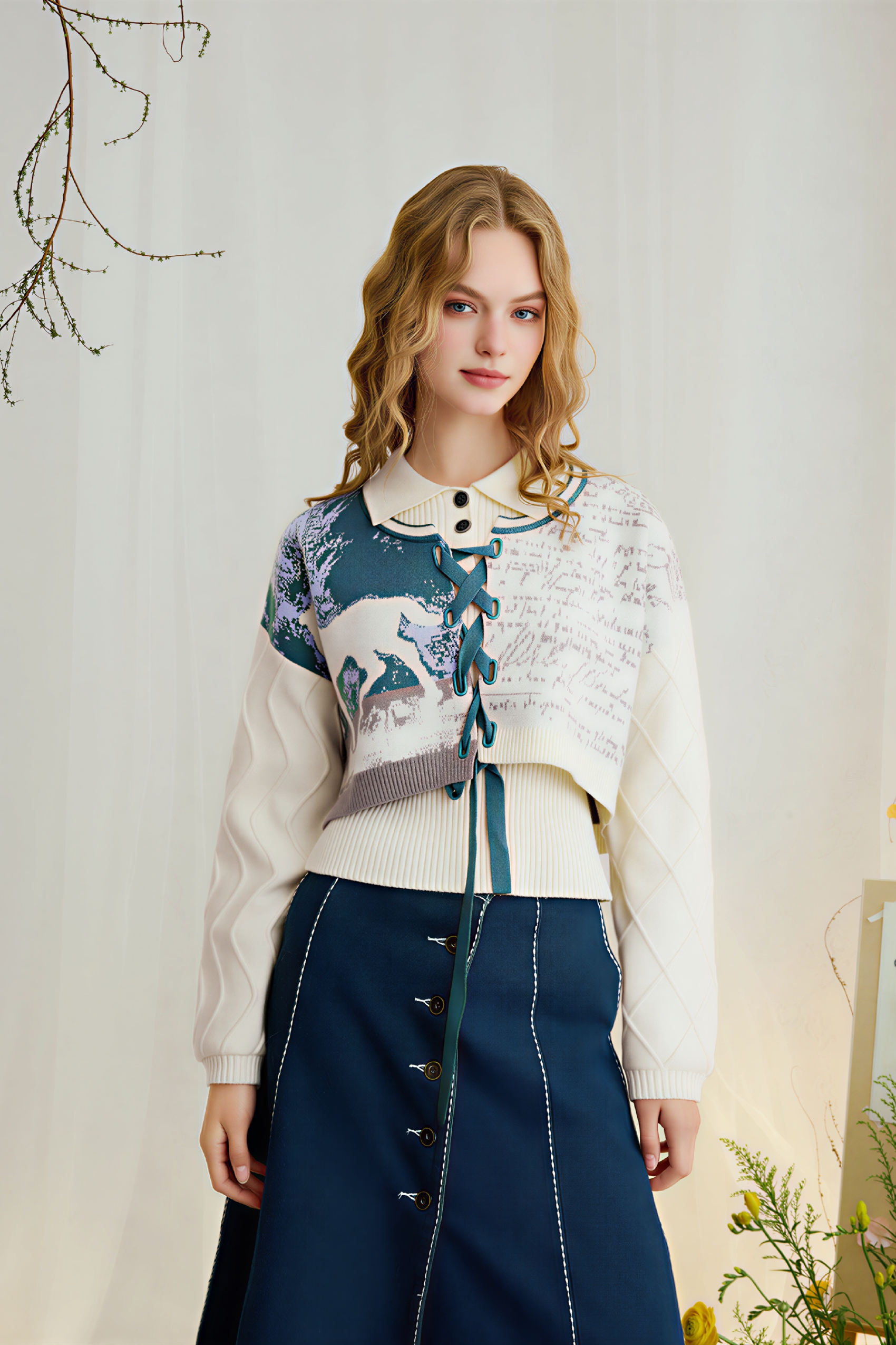 Van Gogh-Inspired Fitted Knit Two-Piece Set