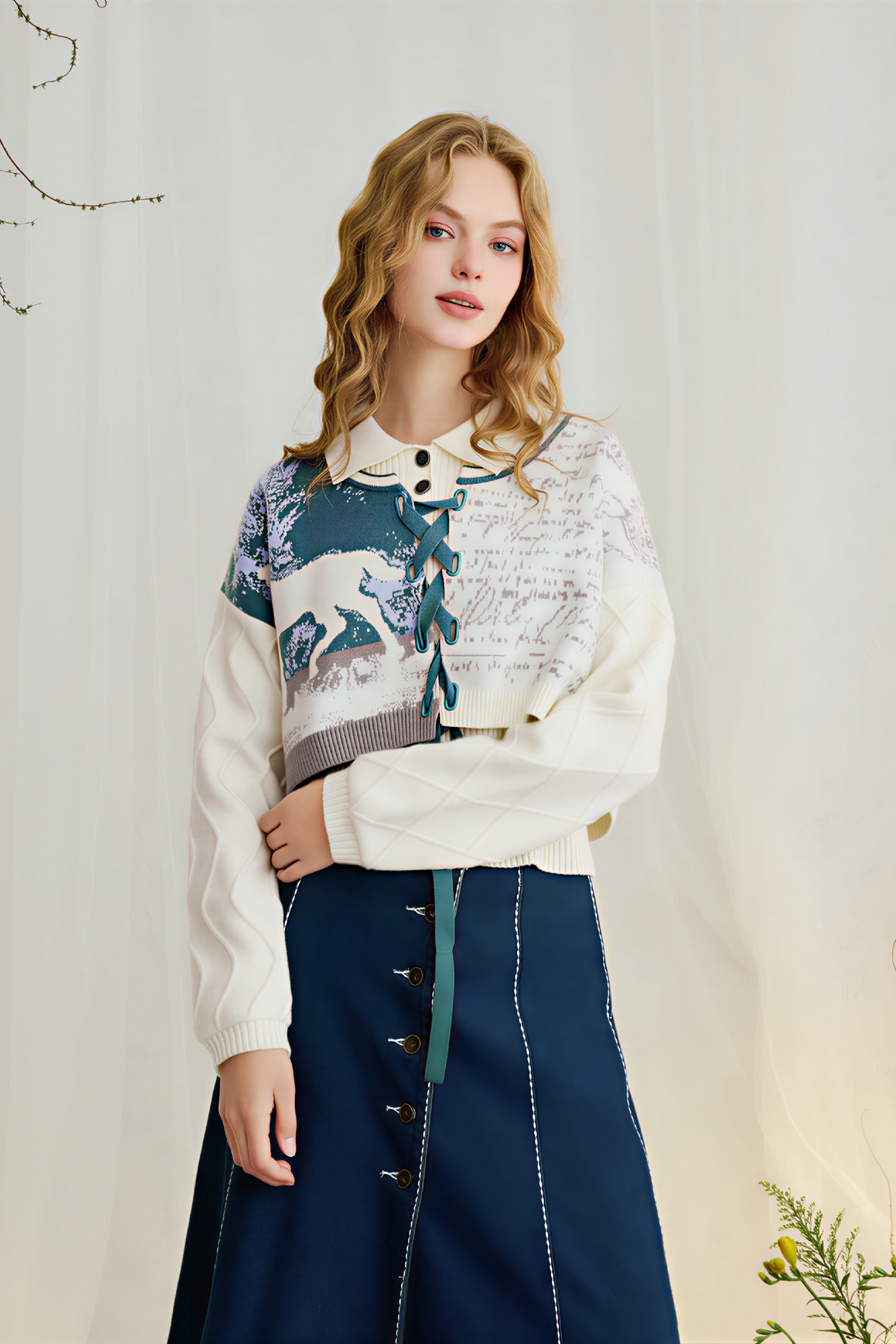 Van Gogh-Inspired Fitted Knit Two-Piece Set