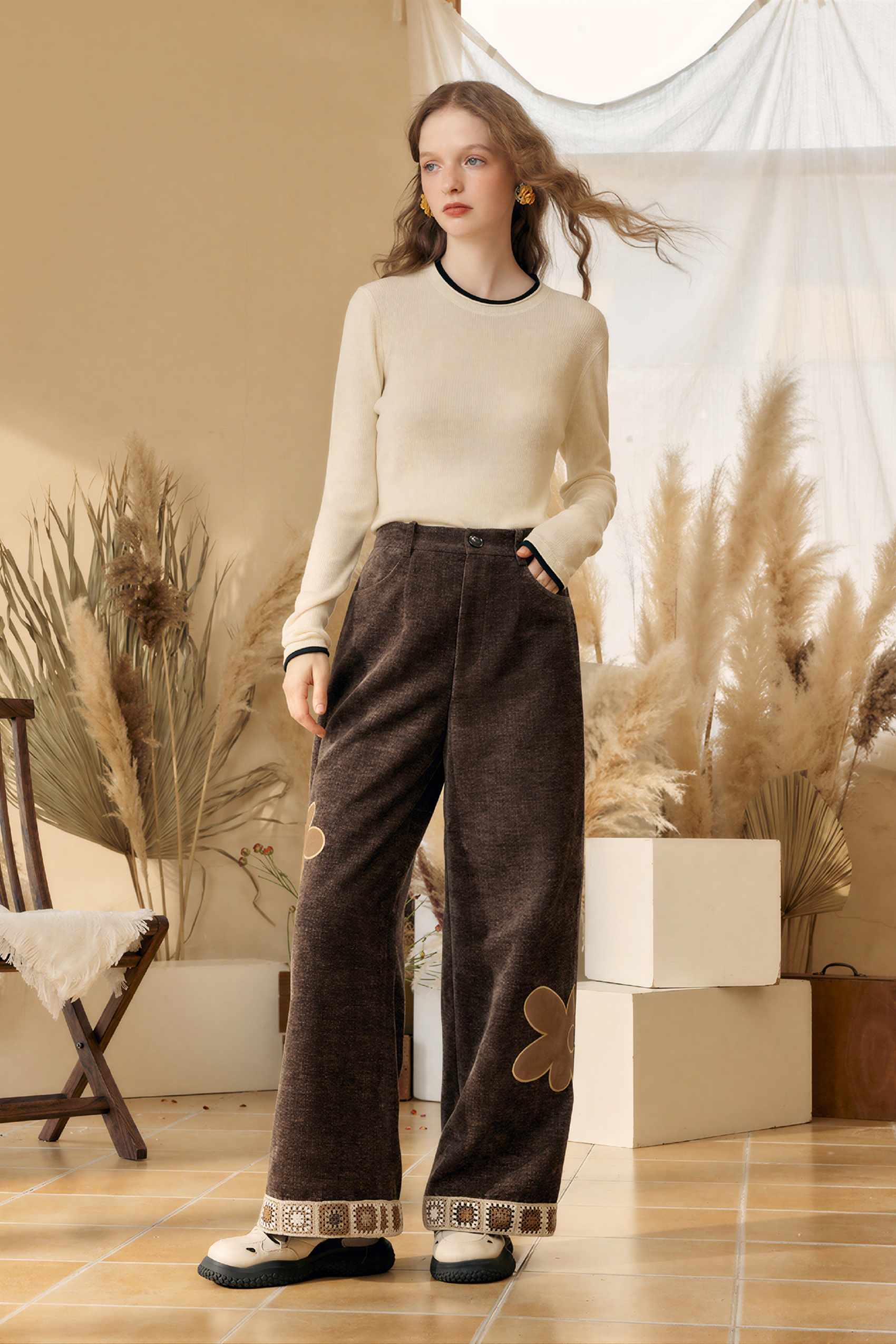 Crocheted Thick Straight Leg Casual Pants