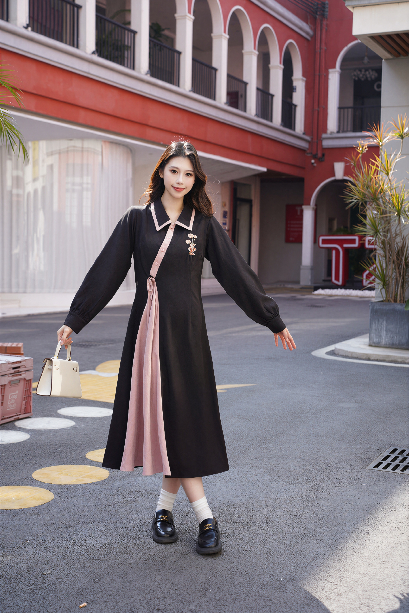 French-Style Black Long-Sleeve Dress