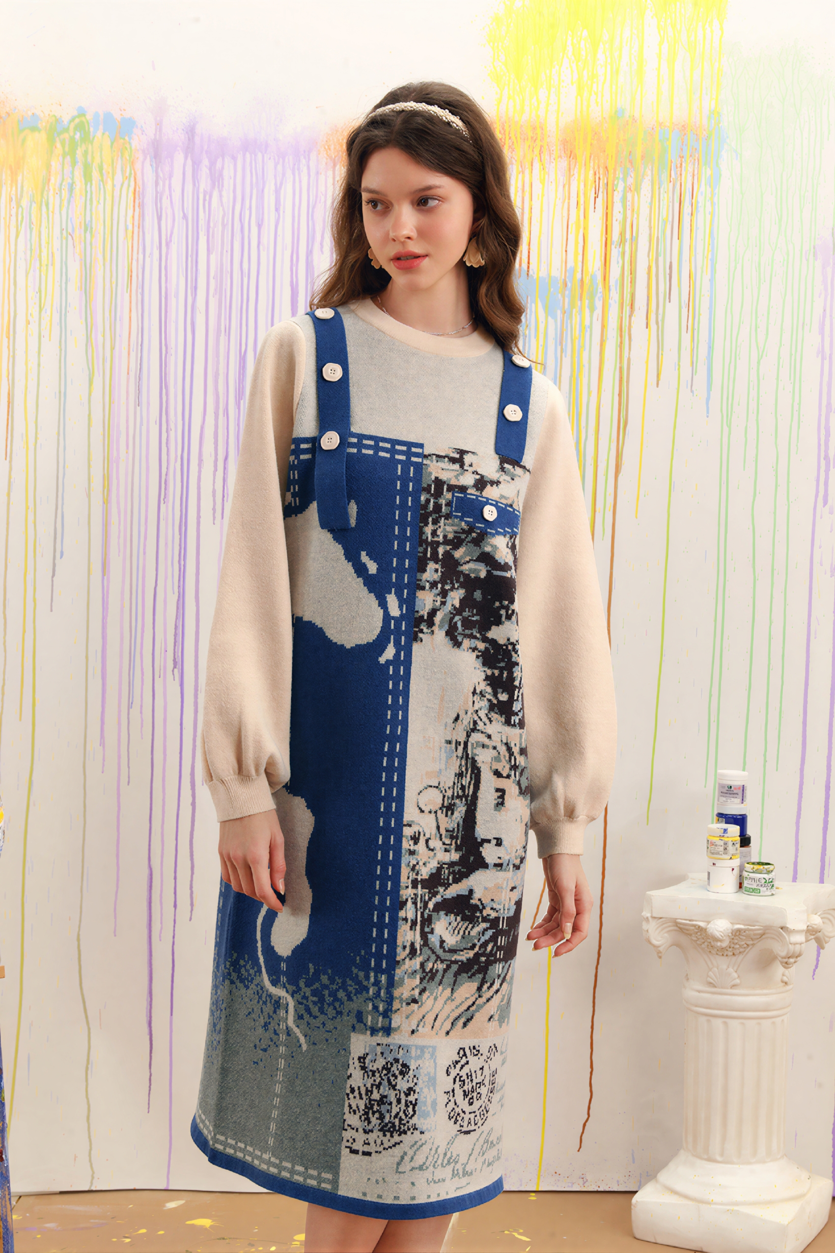 Van Gogh-Inspired Long Knit Sweater Dress-LYONSENS