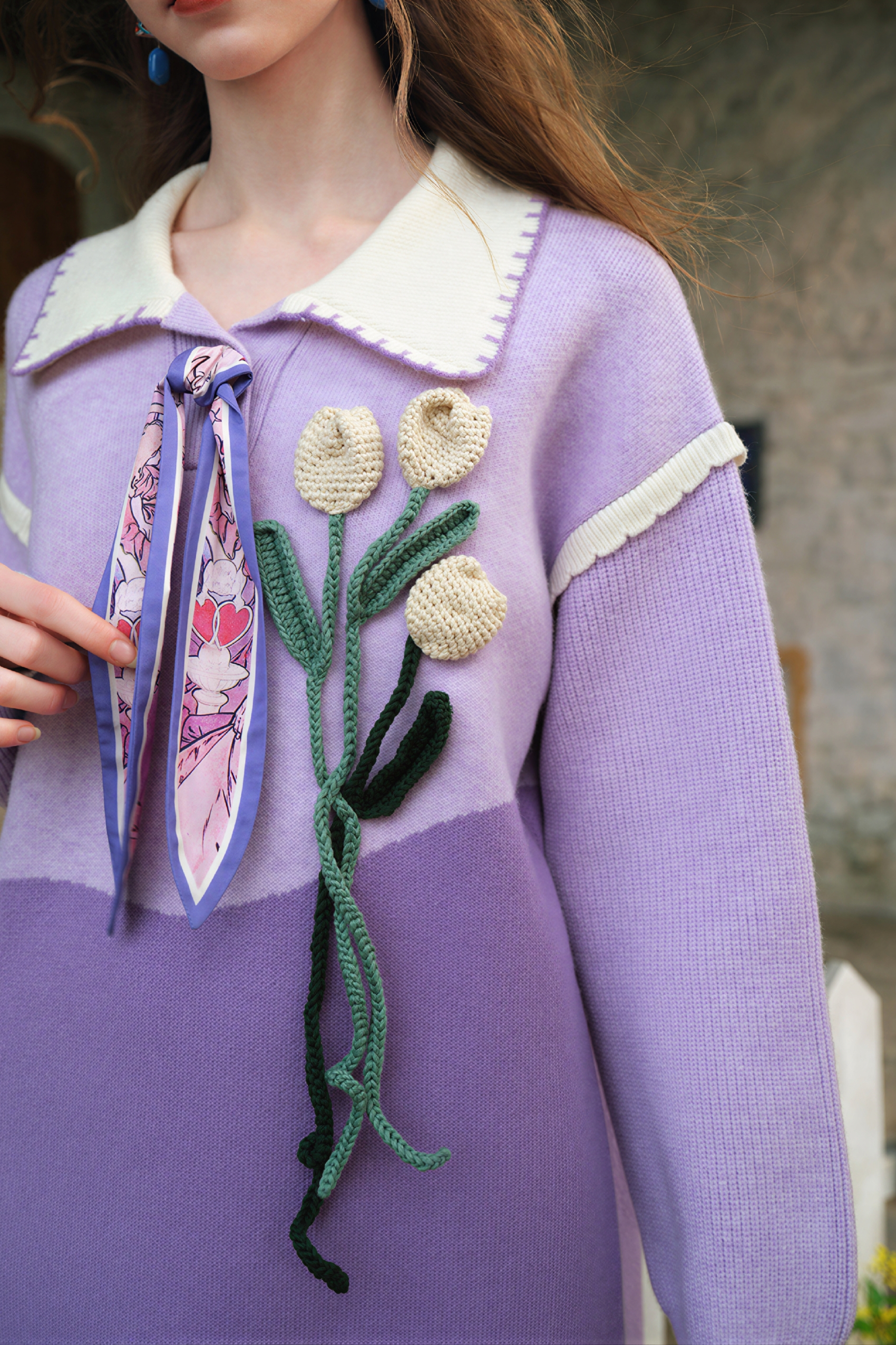 French-style purple retro knit sweater dress