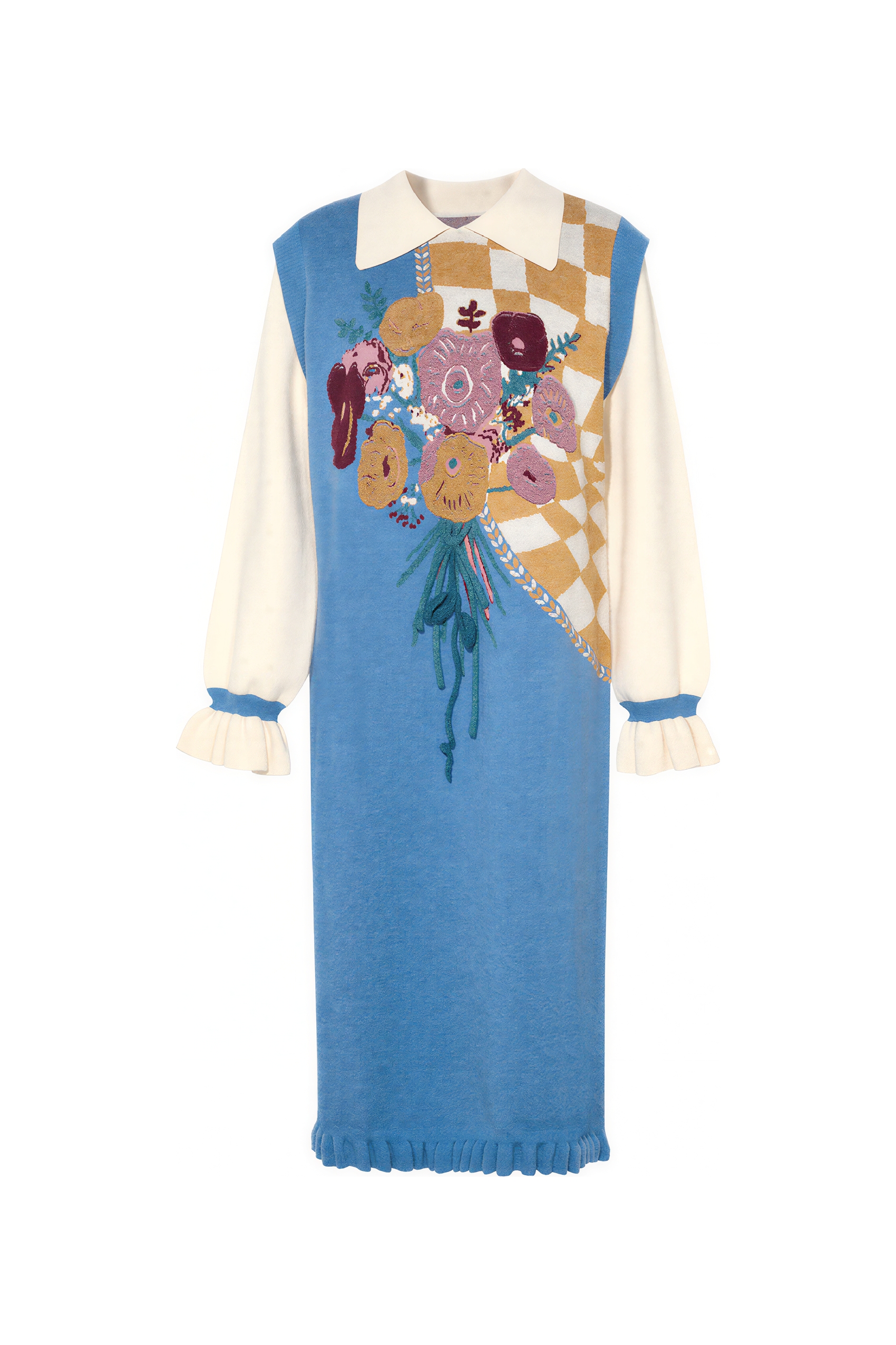 Blue knitted long sweater dress