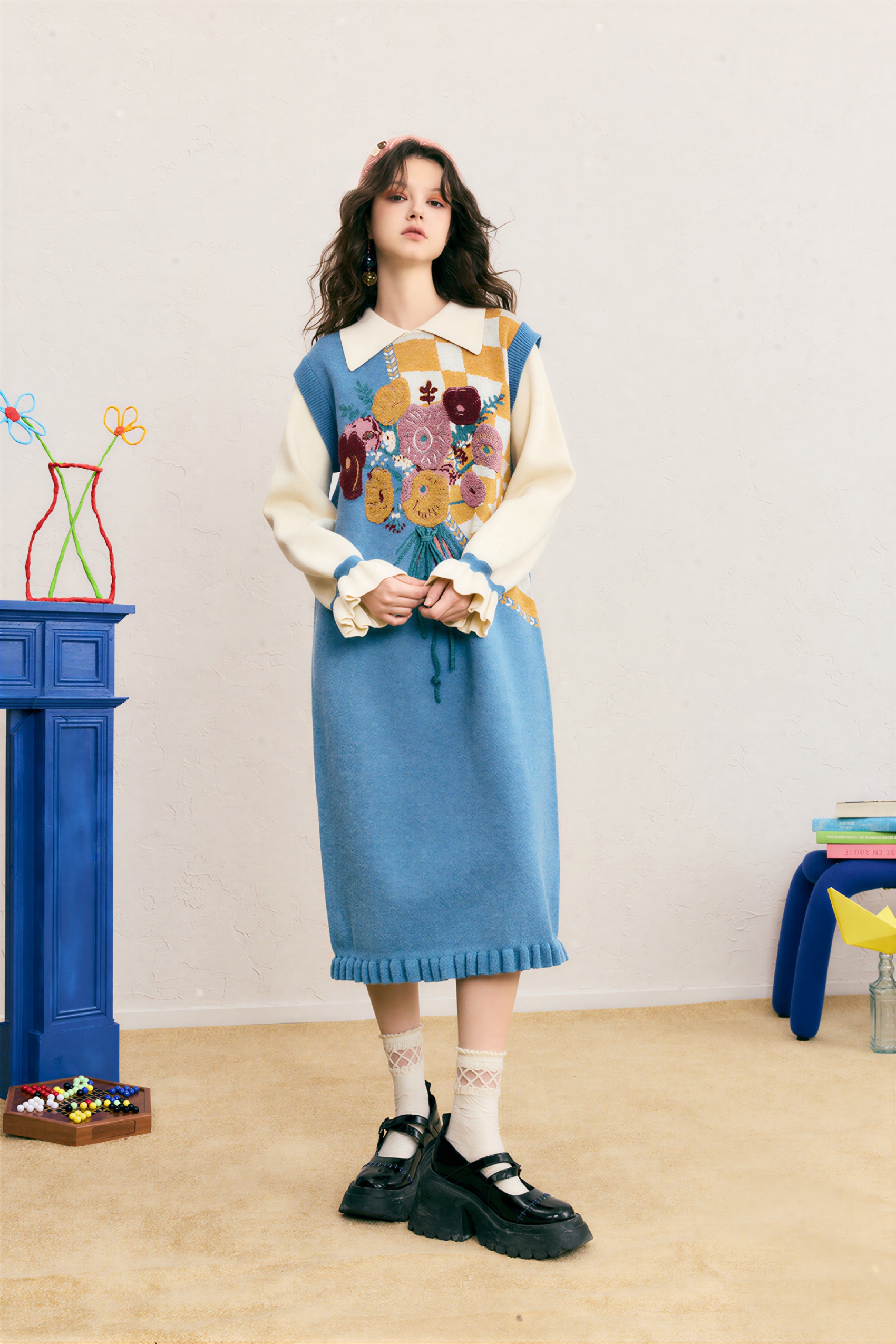 Blue knitted long sweater dress