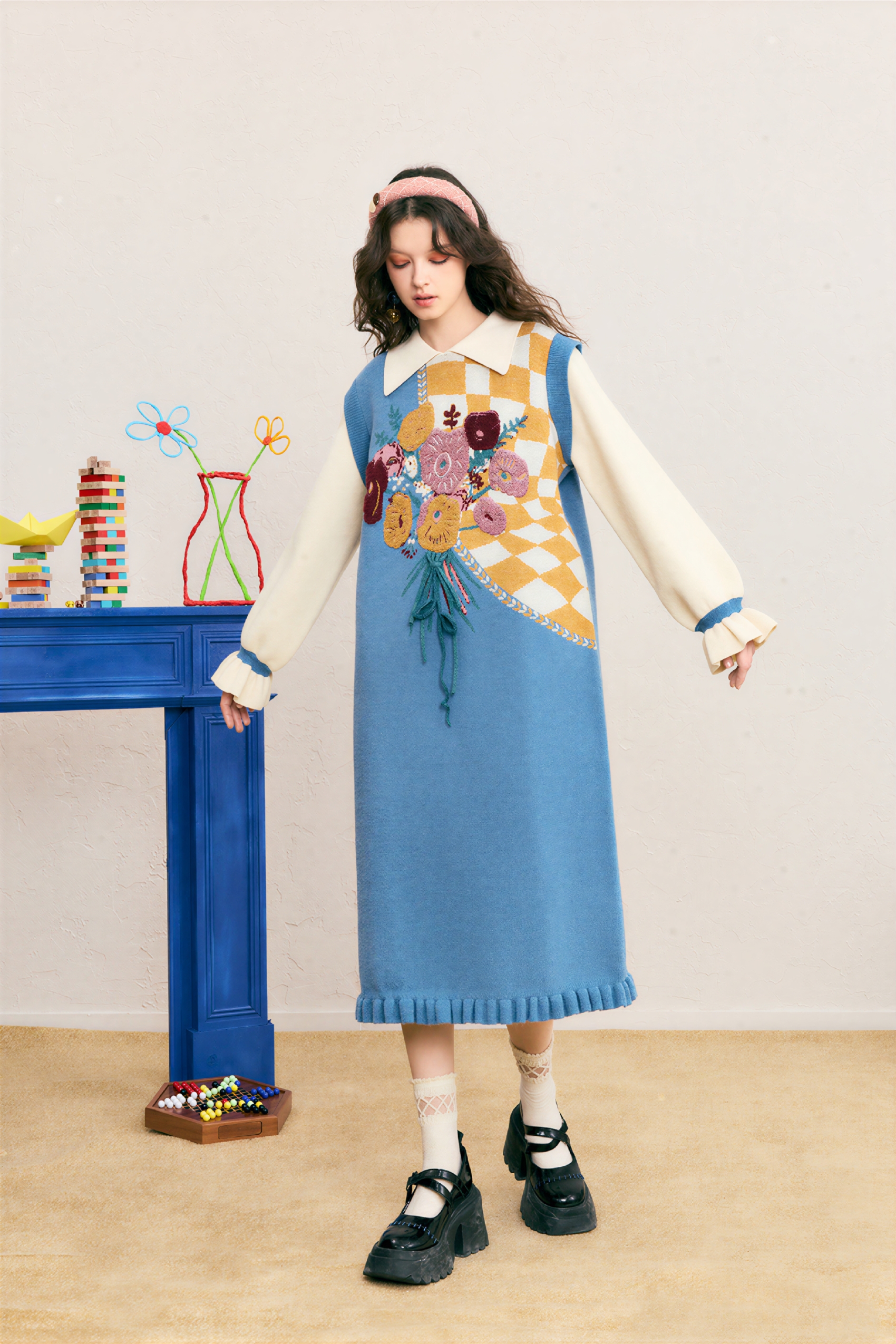 Blue knitted long sweater dress