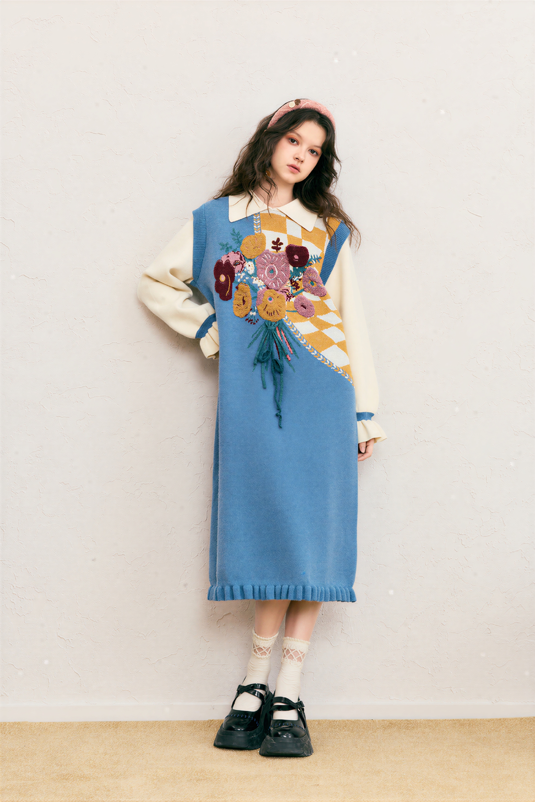 Blue knitted long sweater dress