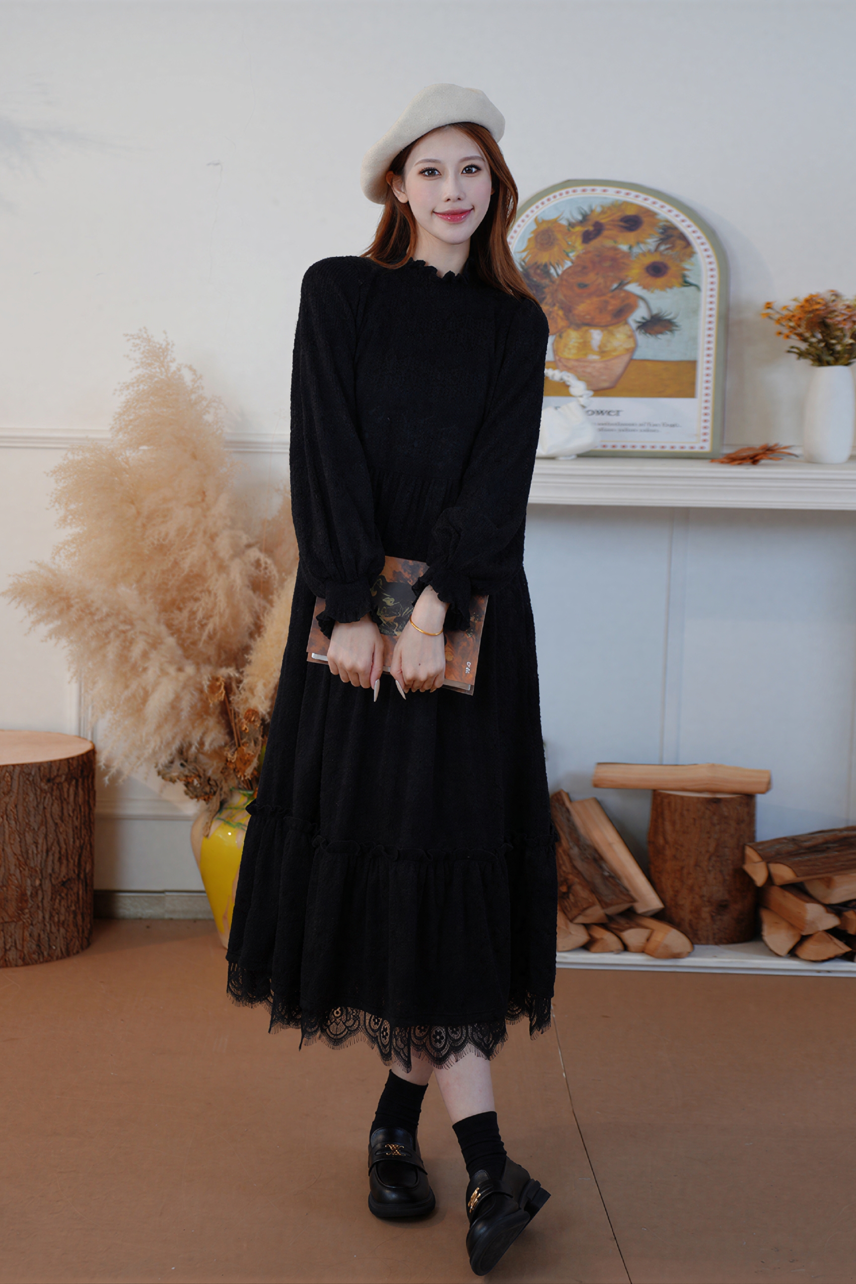 Black Velvet Lace Turtleneck Maxi Dress