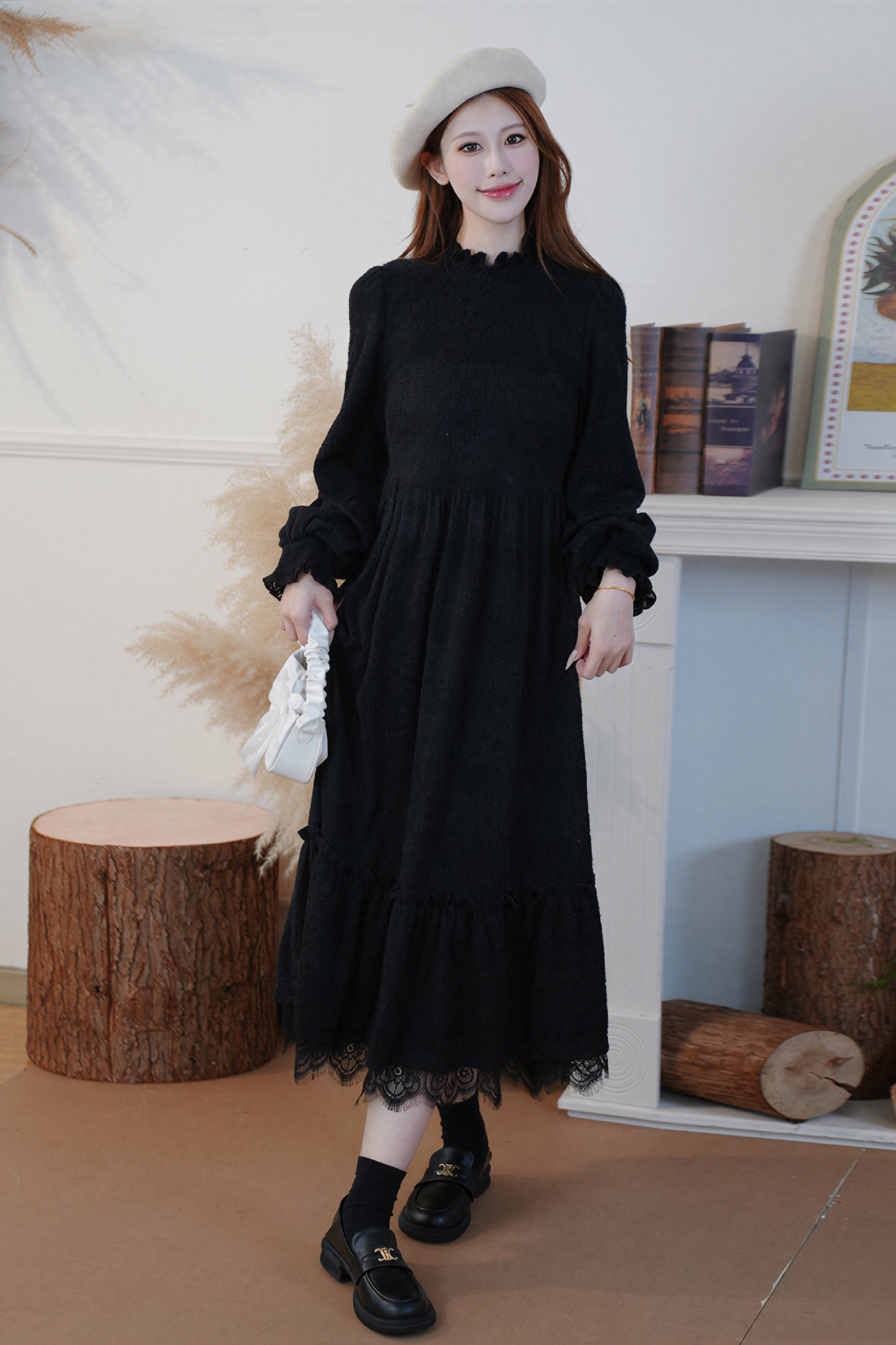 Black Velvet Lace Turtleneck Maxi Dress