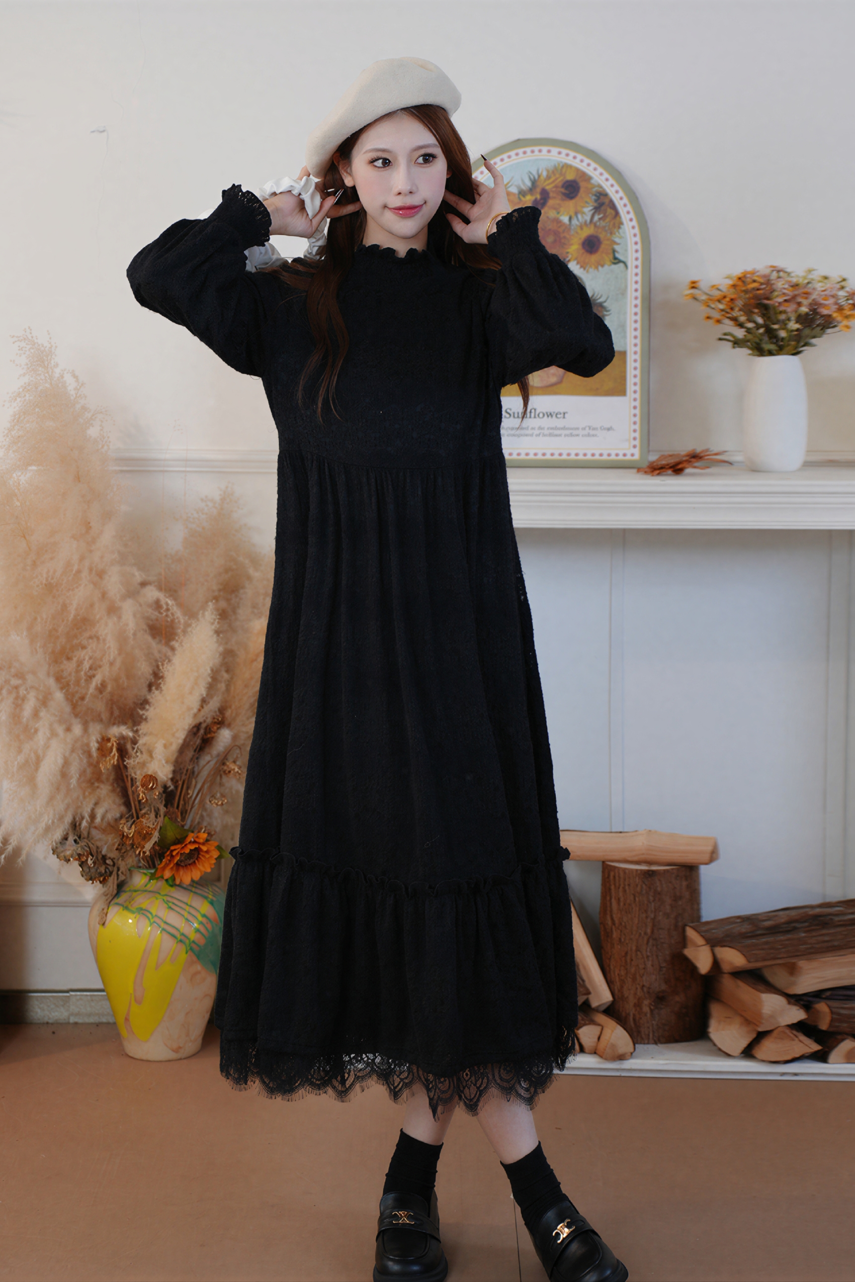 Black Velvet Lace Turtleneck Maxi Dress