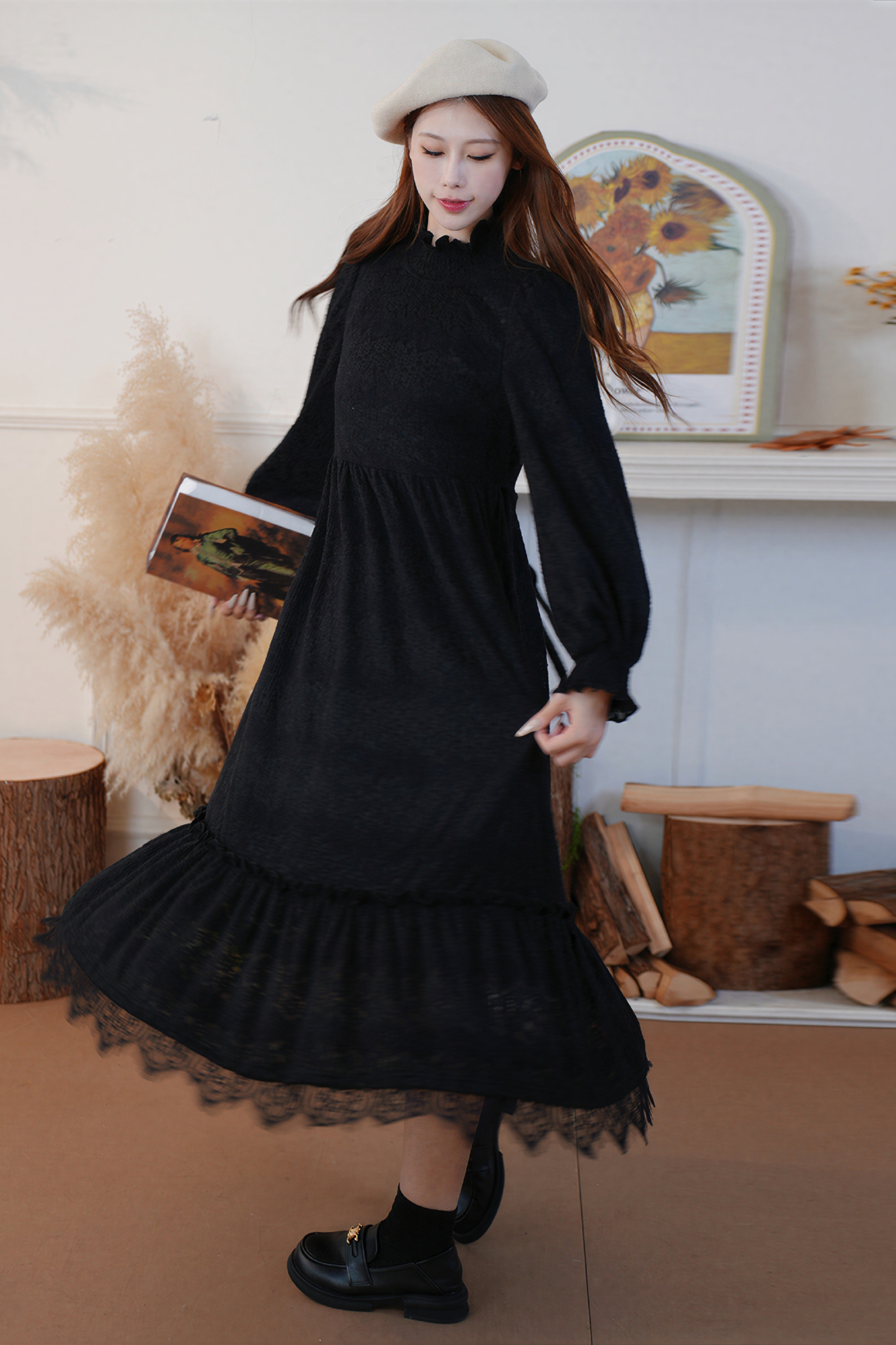 Black Velvet Lace Turtleneck Maxi Dress