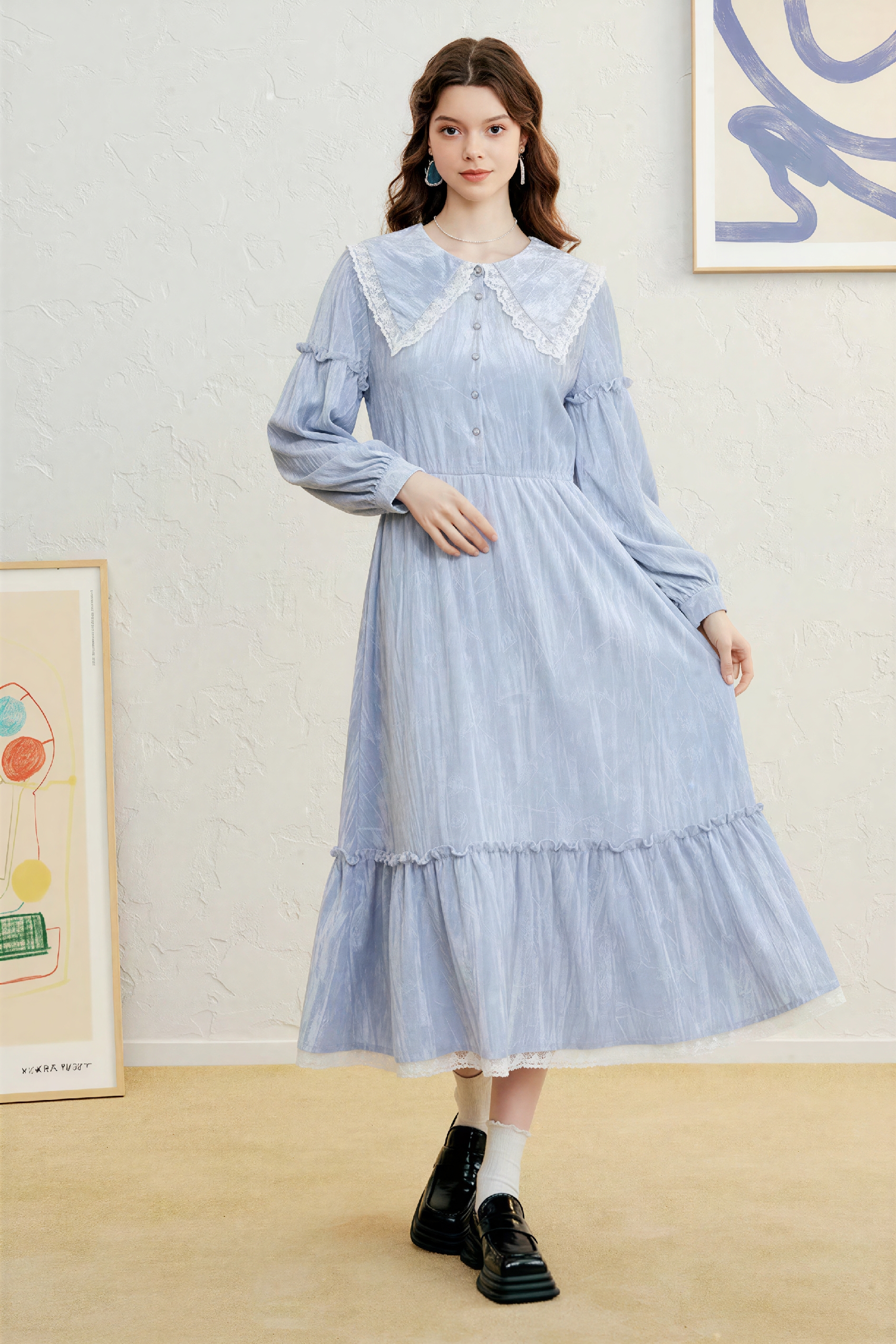 Printed Lace-Trim Oversized Collar Dress