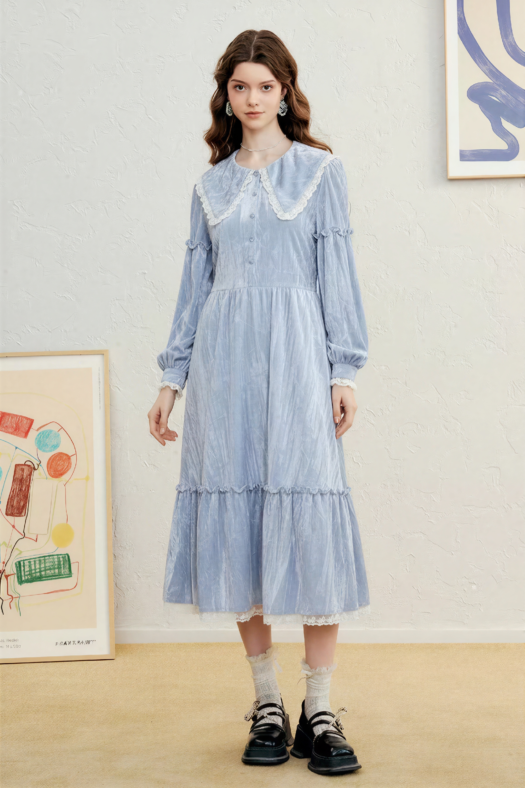 Printed Lace-Trim Oversized Collar Dress