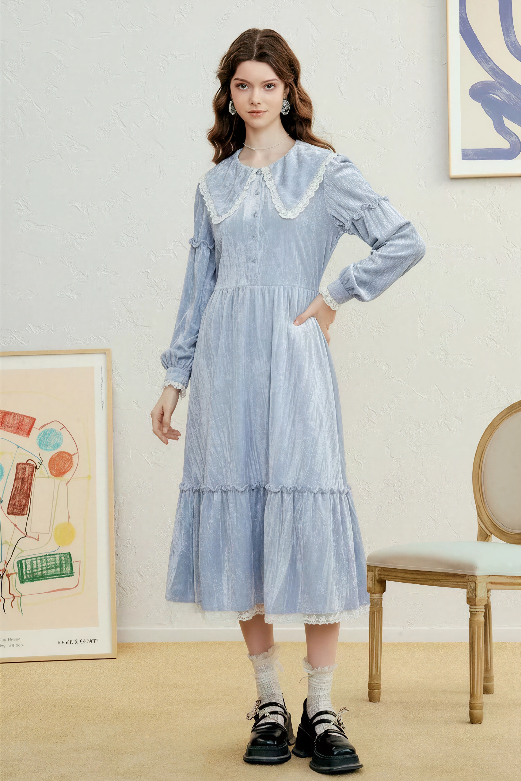 Printed Lace-Trim Oversized Collar Dress