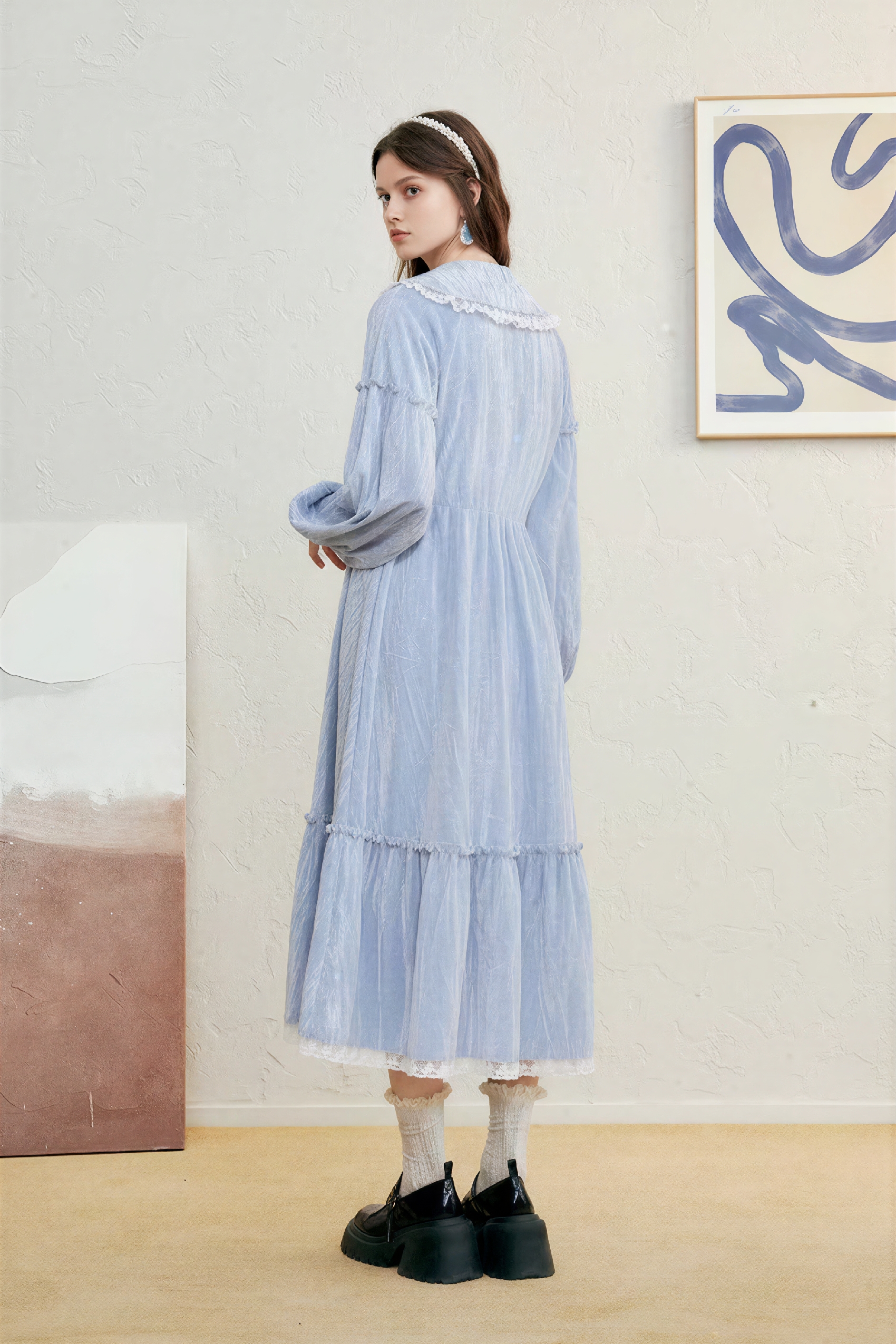 Printed Lace-Trim Oversized Collar Dress