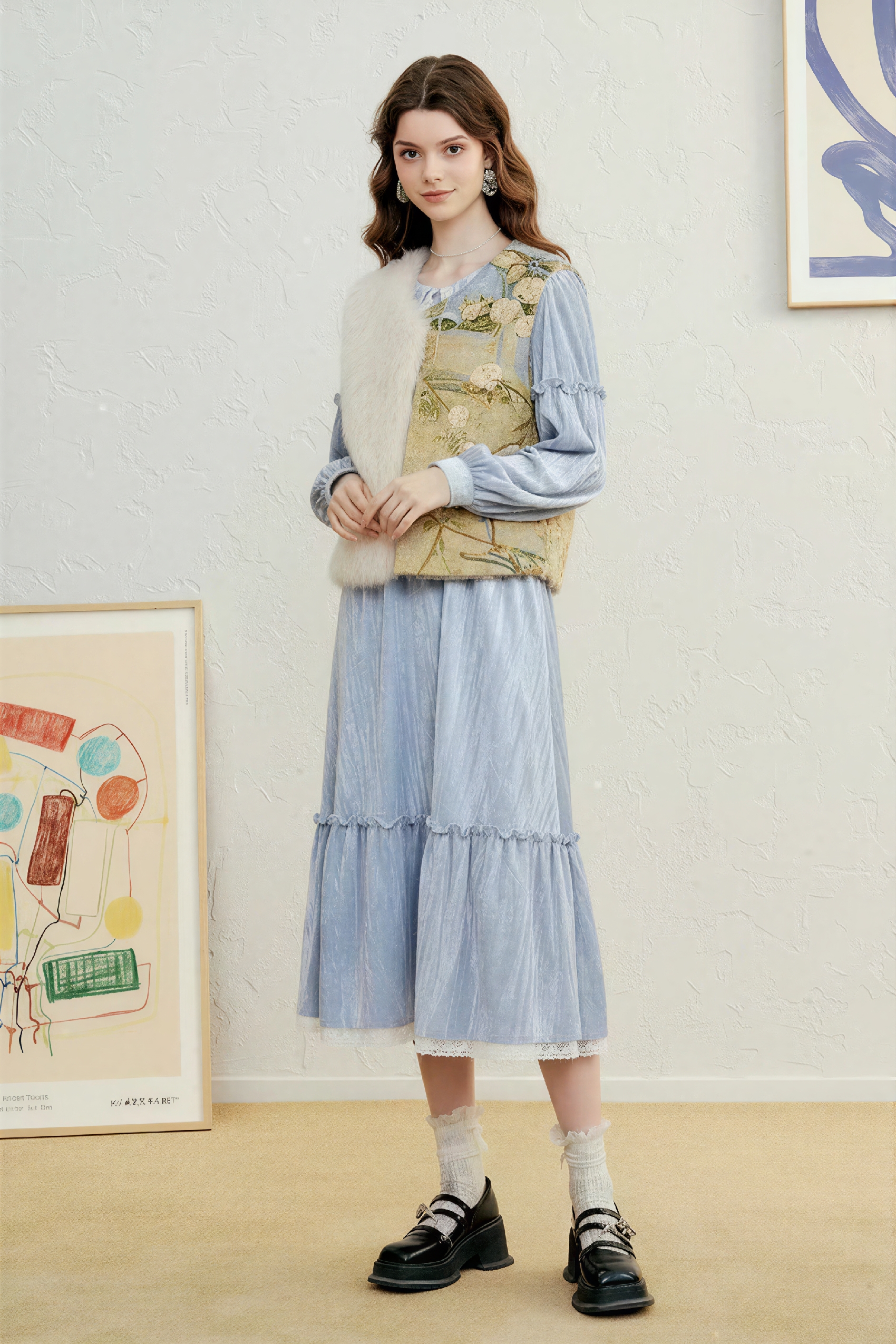 Printed Lace-Trim Oversized Collar Dress