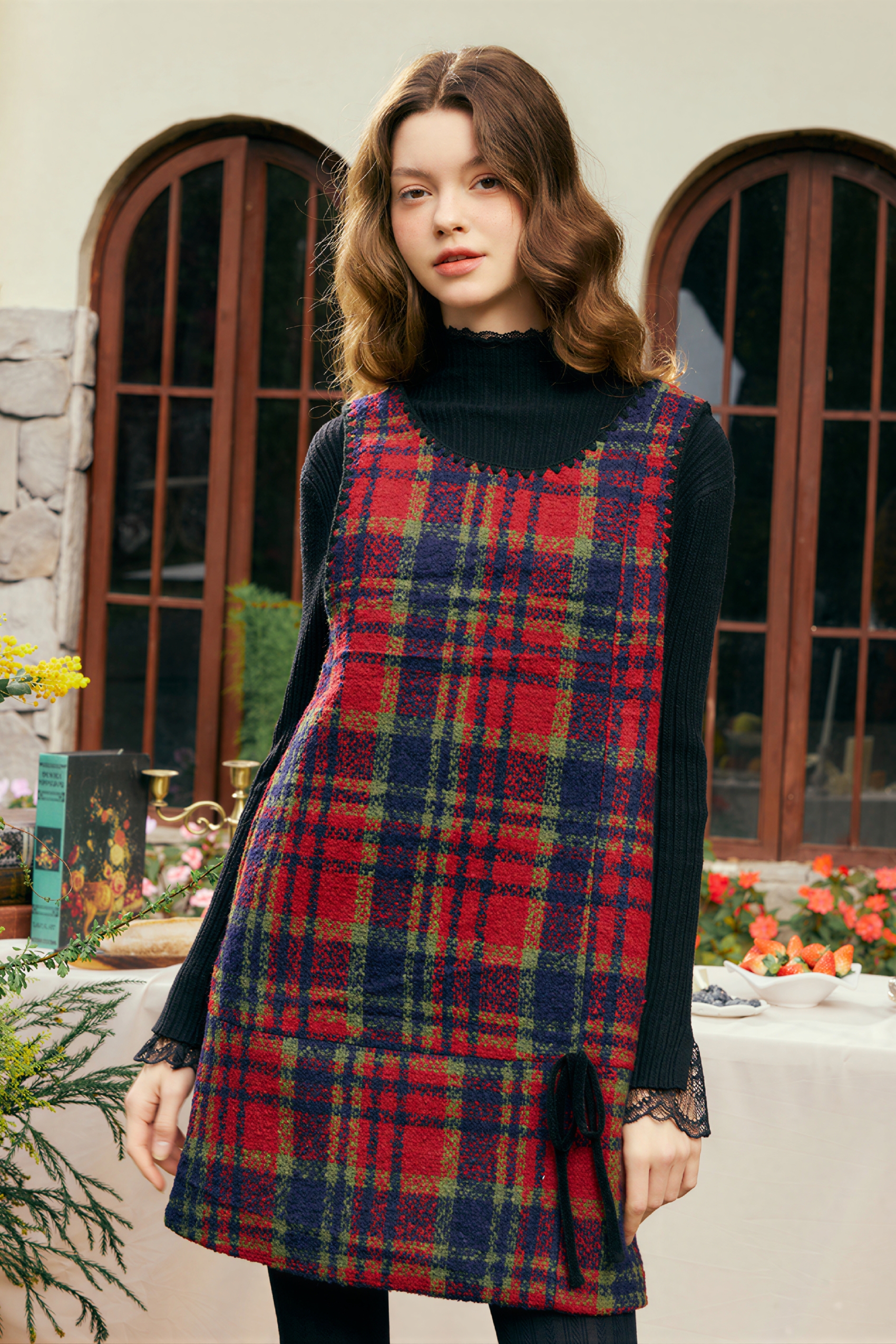 New Spring Retro Pom-Pom Reversible Plaid Dress