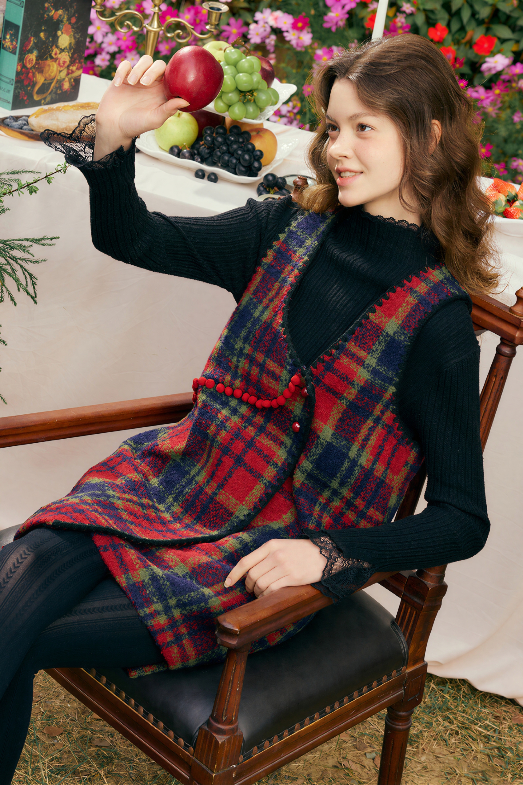 New Spring Retro Pom-Pom Reversible Plaid Dress