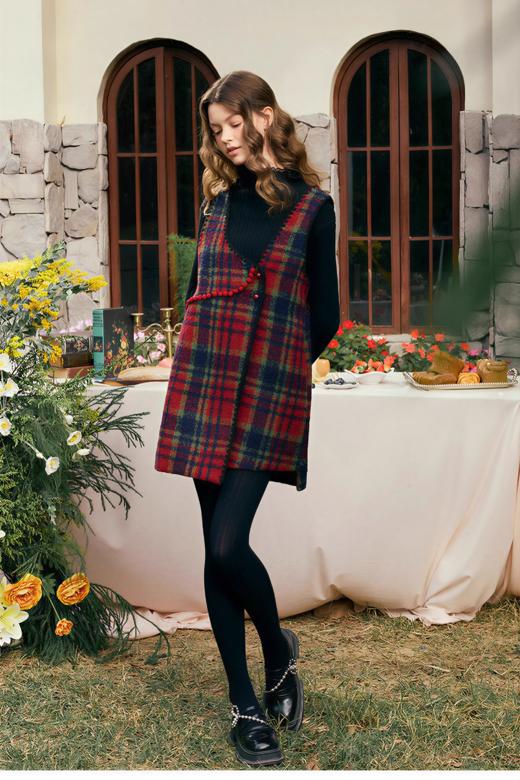 New Spring Retro Pom-Pom Reversible Plaid Dress