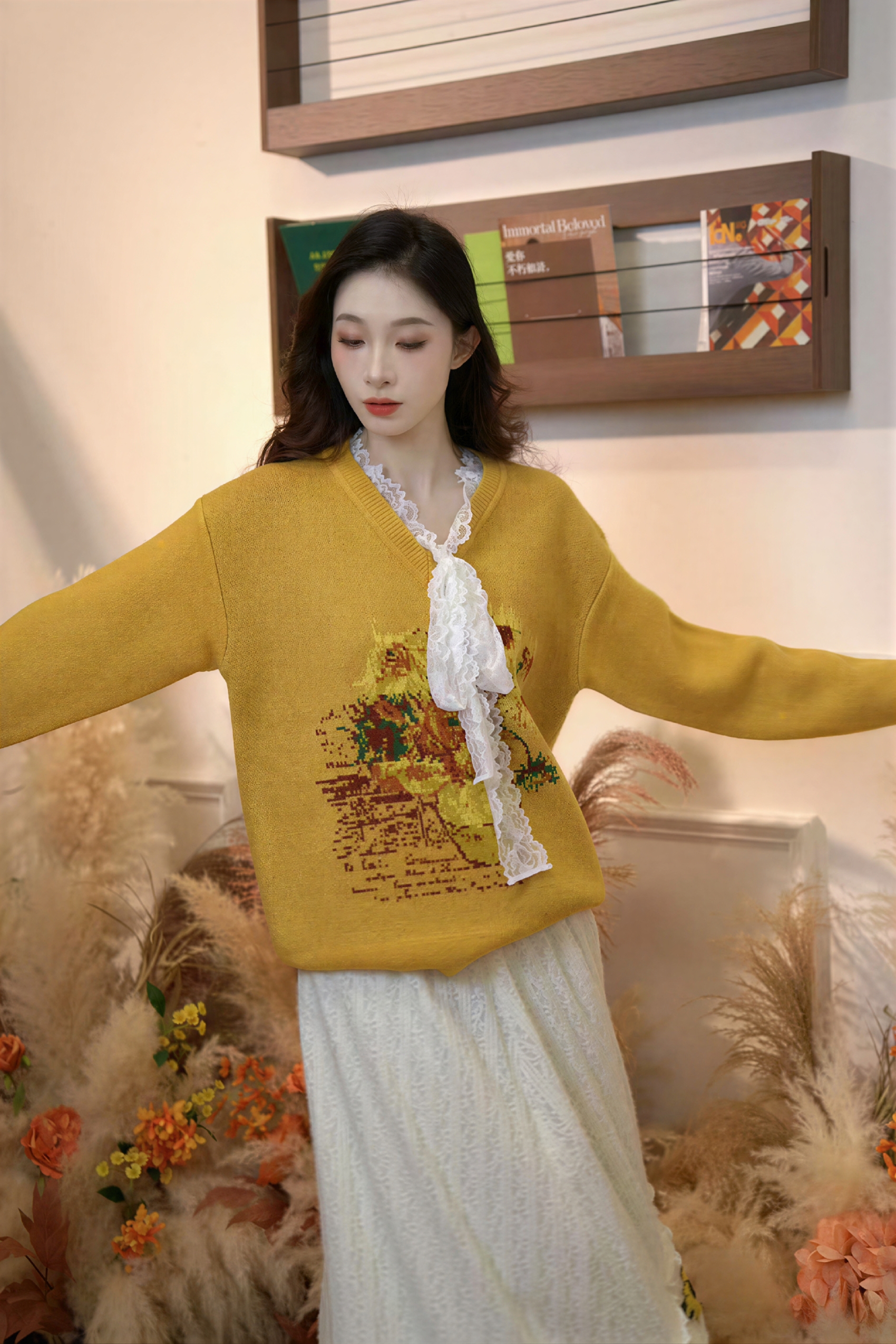 Black long-sleeved knitted pullover sweater