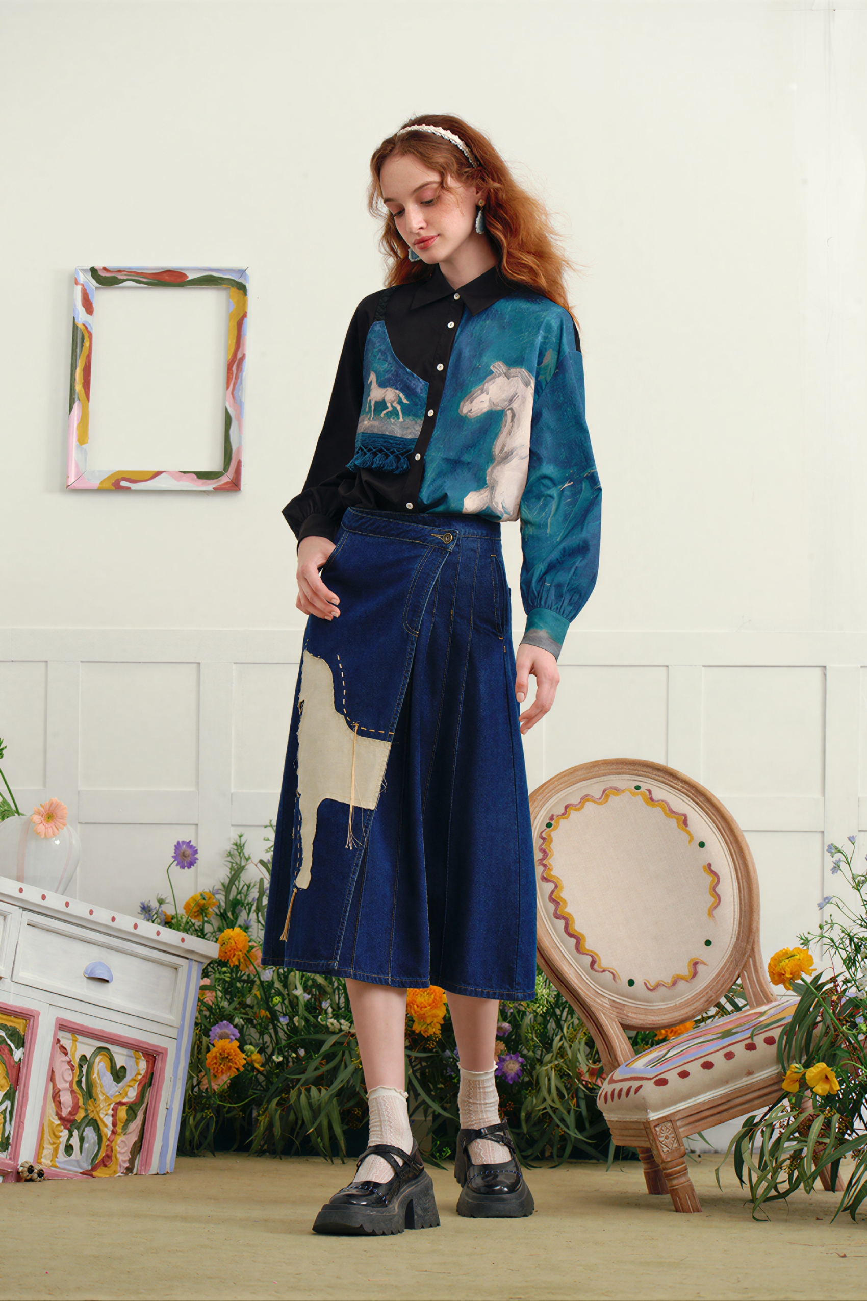 Vintage printed long-sleeved shirt