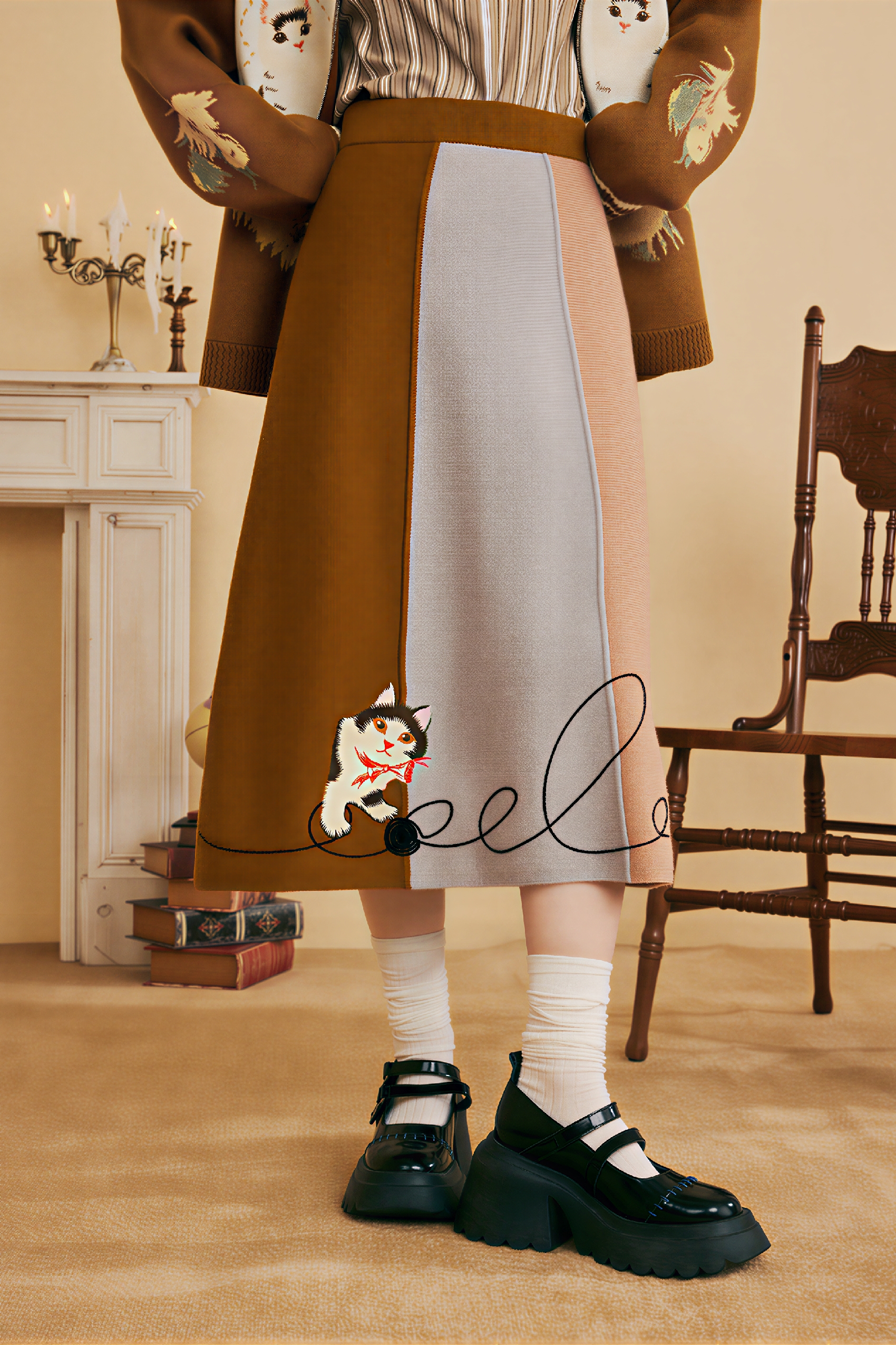Van Gogh-Inspired Knit A-Line Midi Skirt