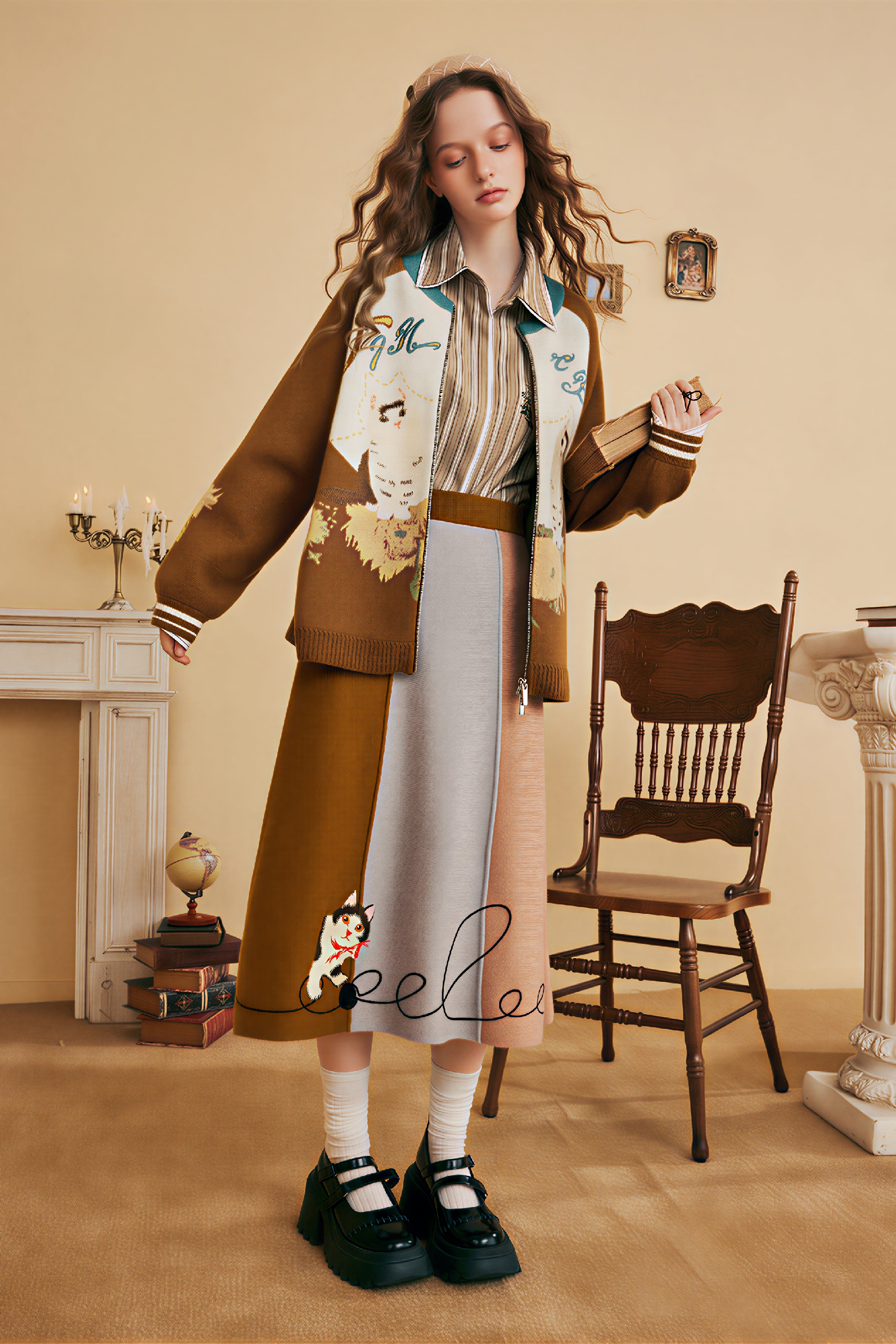Van Gogh-Inspired Knit A-Line Midi Skirt