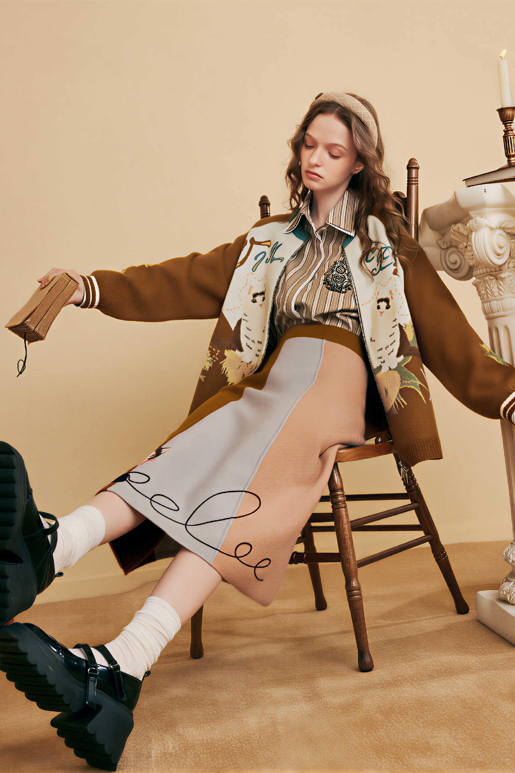 Van Gogh-Inspired Knit A-Line Midi Skirt