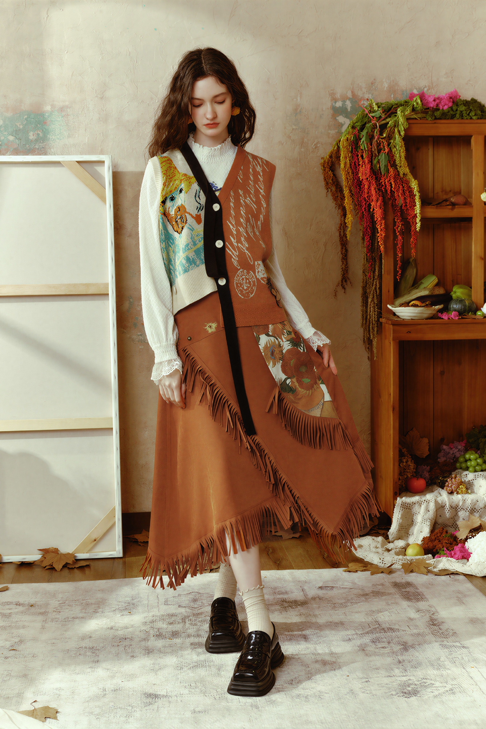 Retro print midi skirt