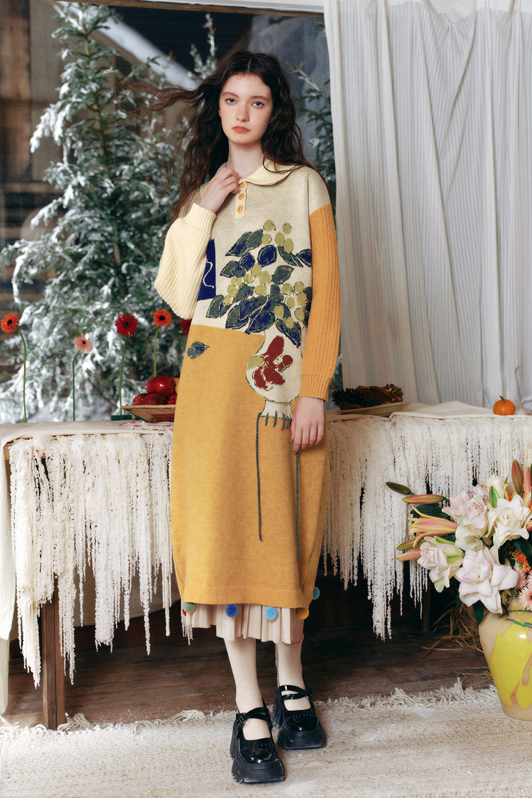 Oil painting niche knitted sweater dress