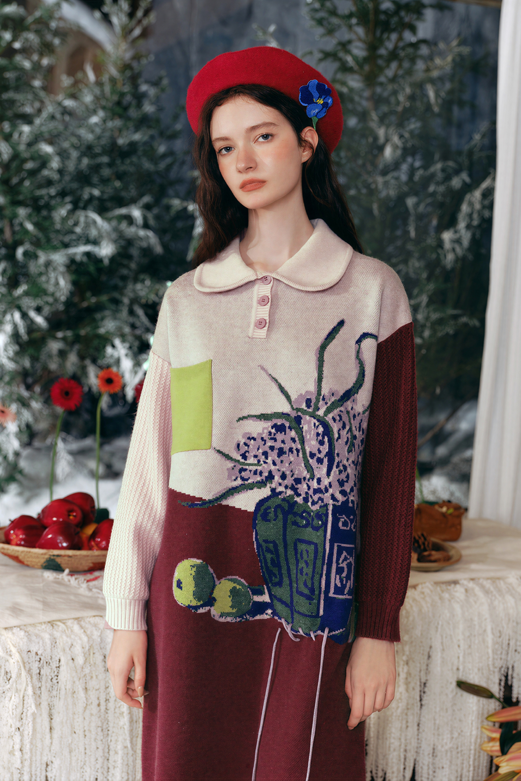 Oil painting niche knitted sweater dress