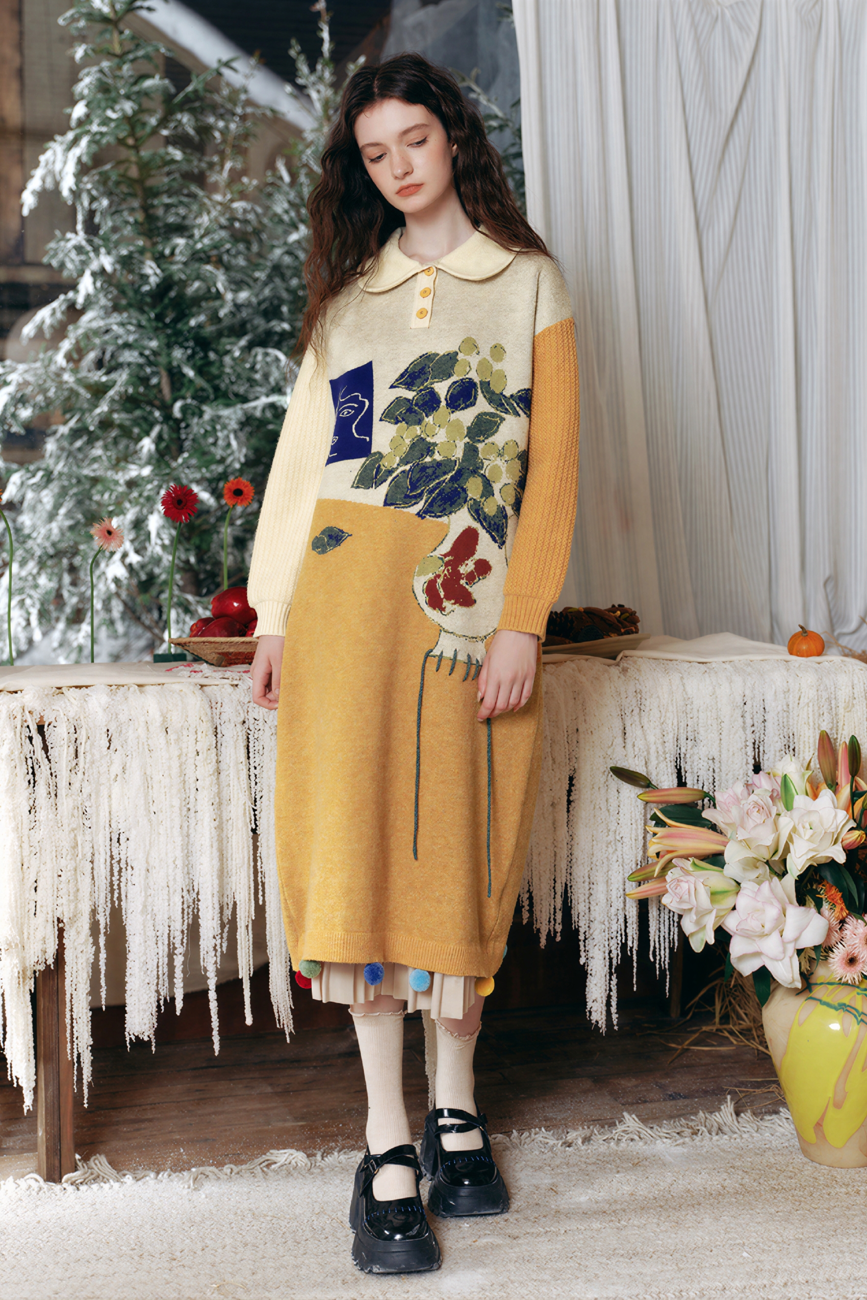 Oil painting niche knitted sweater dress