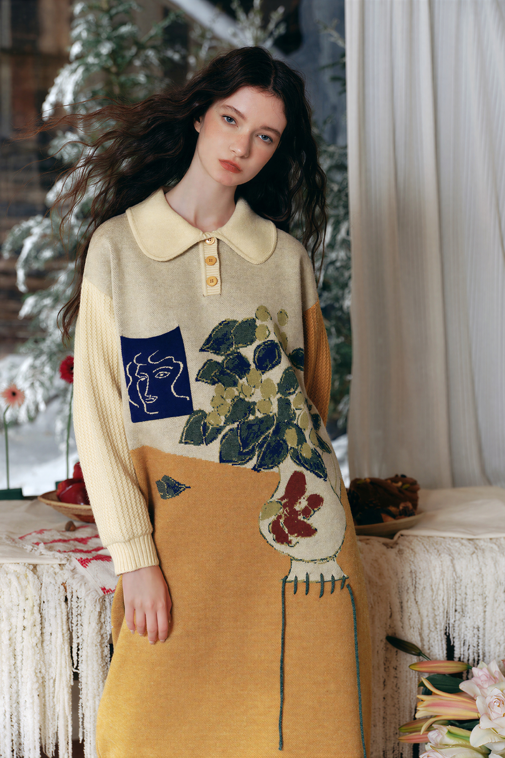 Oil painting niche knitted sweater dress