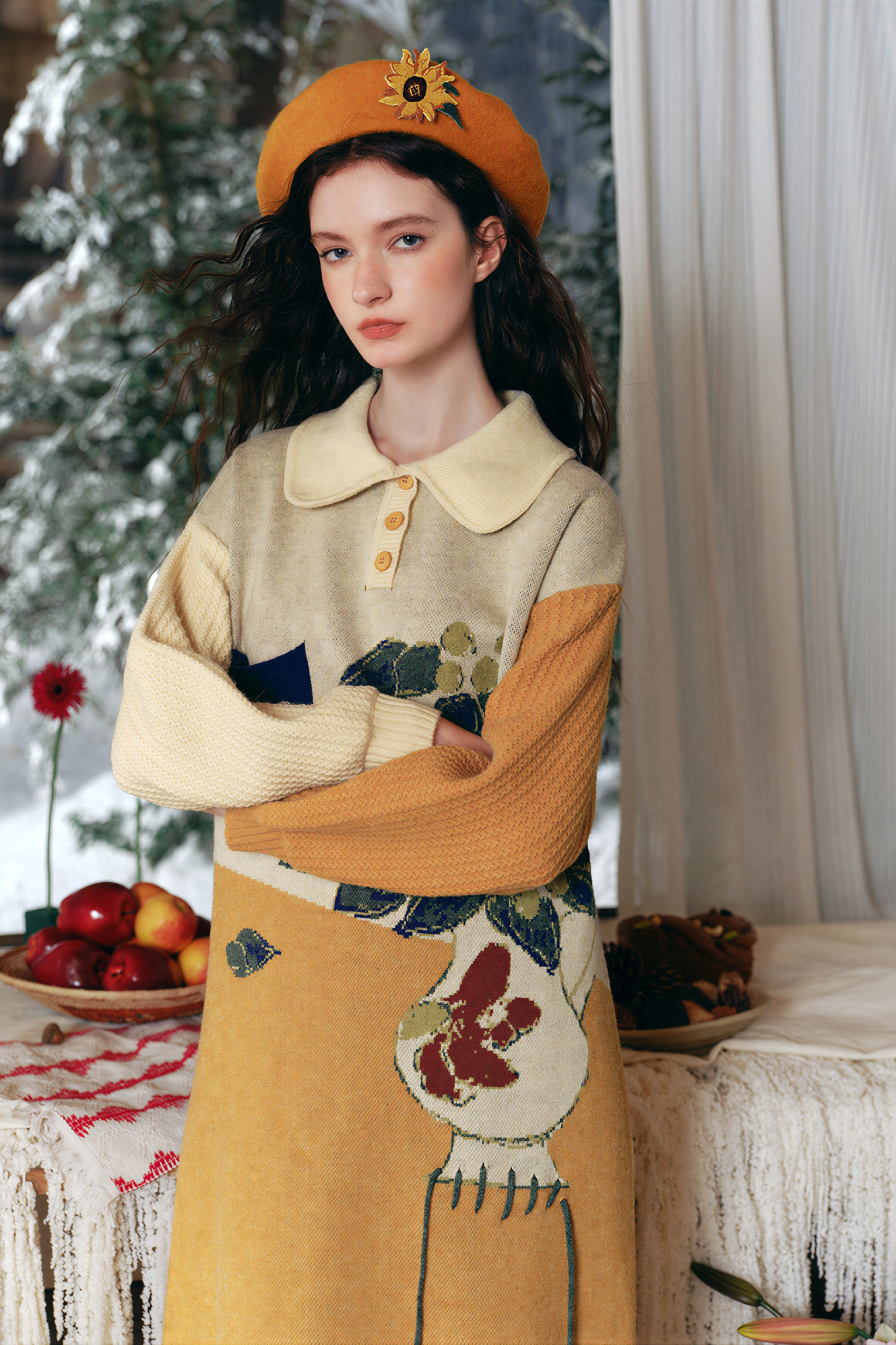 Oil painting niche knitted sweater dress