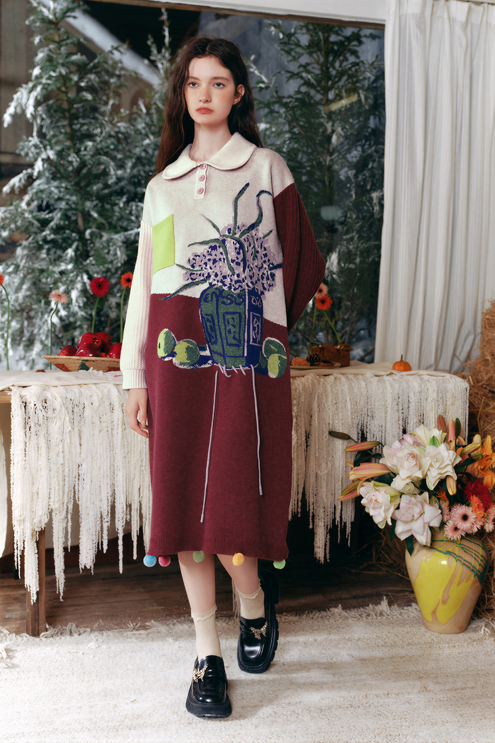 Oil painting niche knitted sweater dress